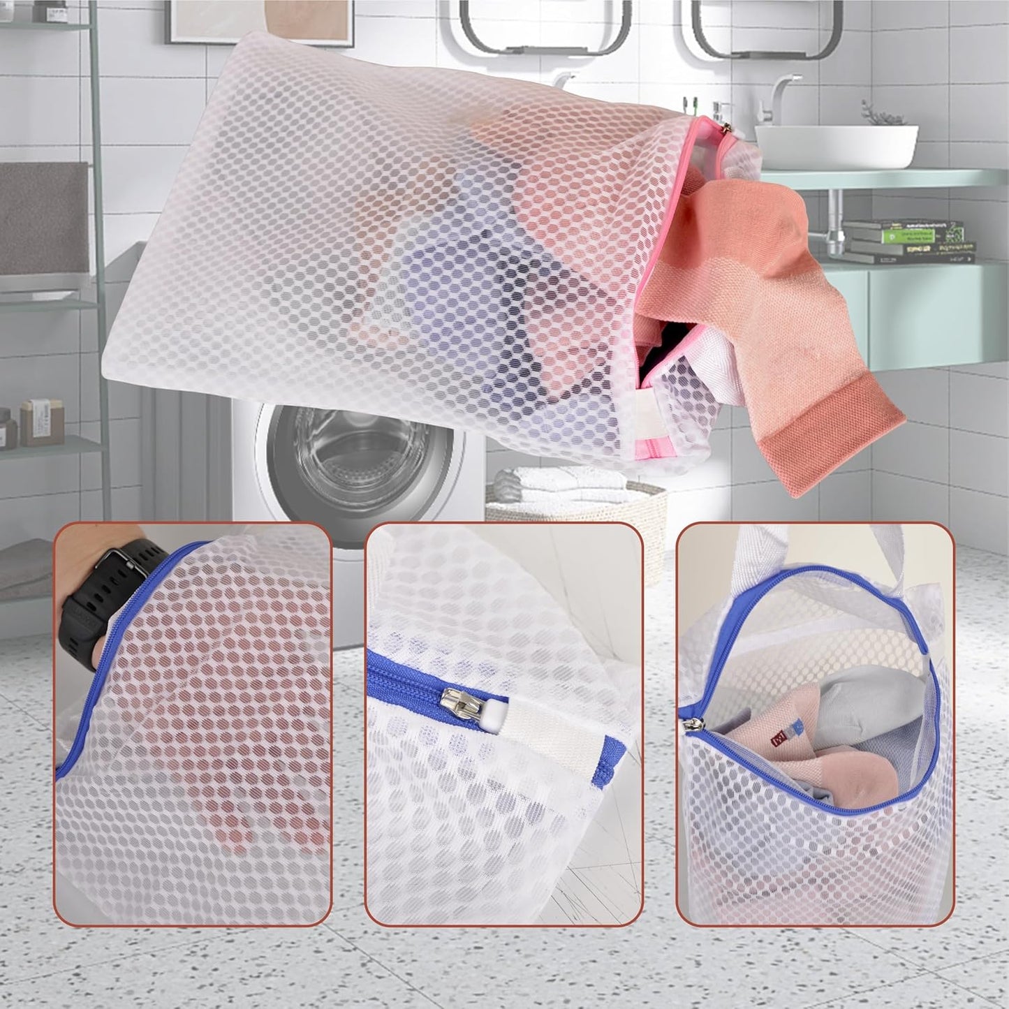 3 Pack Hanging Mesh Laundry Bags with S Metal Hooks,10x12 Inch Hanging Socks Laundry Bags, for