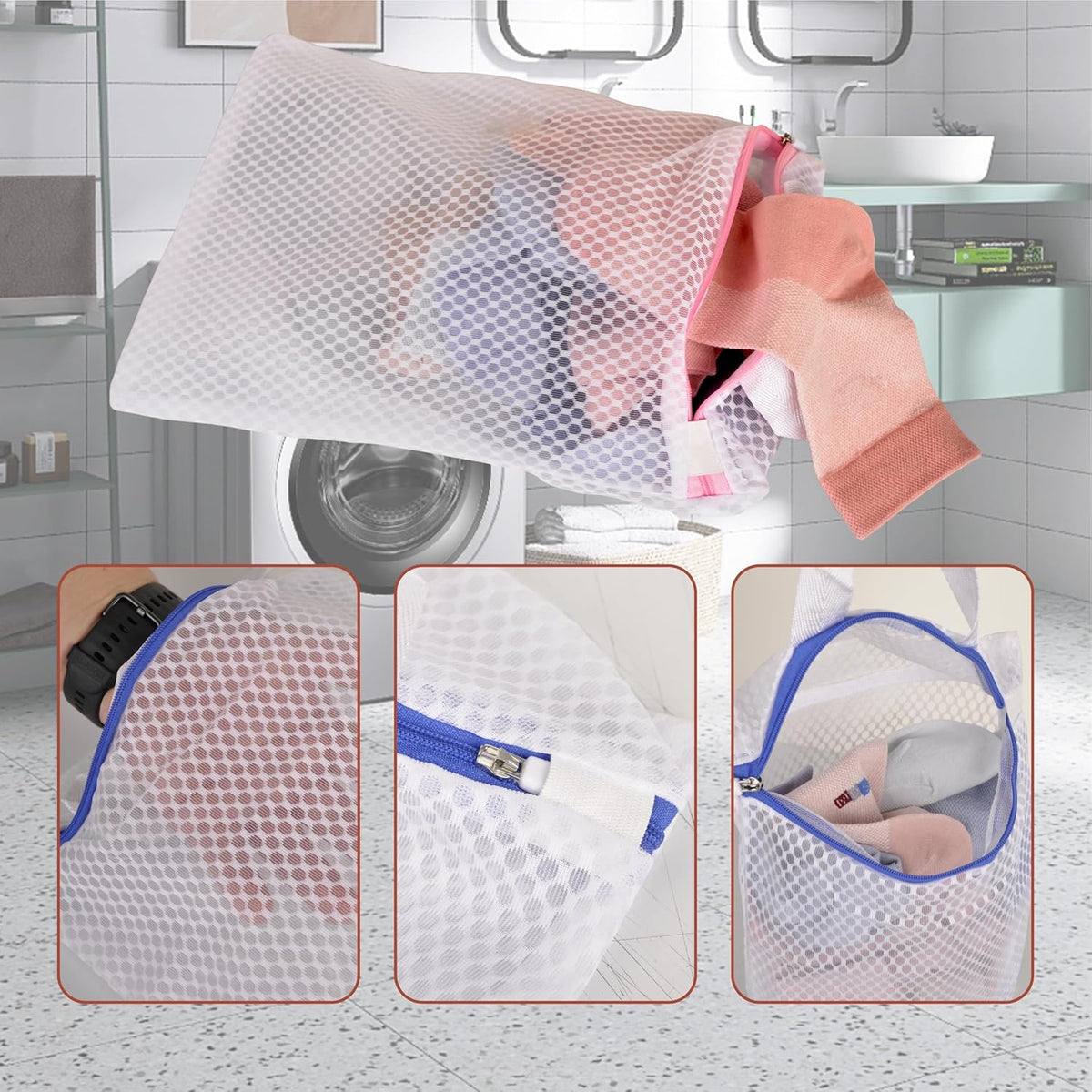 3 Pack Hanging Mesh Laundry Bags with S Metal Hooks,10x12 Inch Hanging Socks Laundry Bags, for