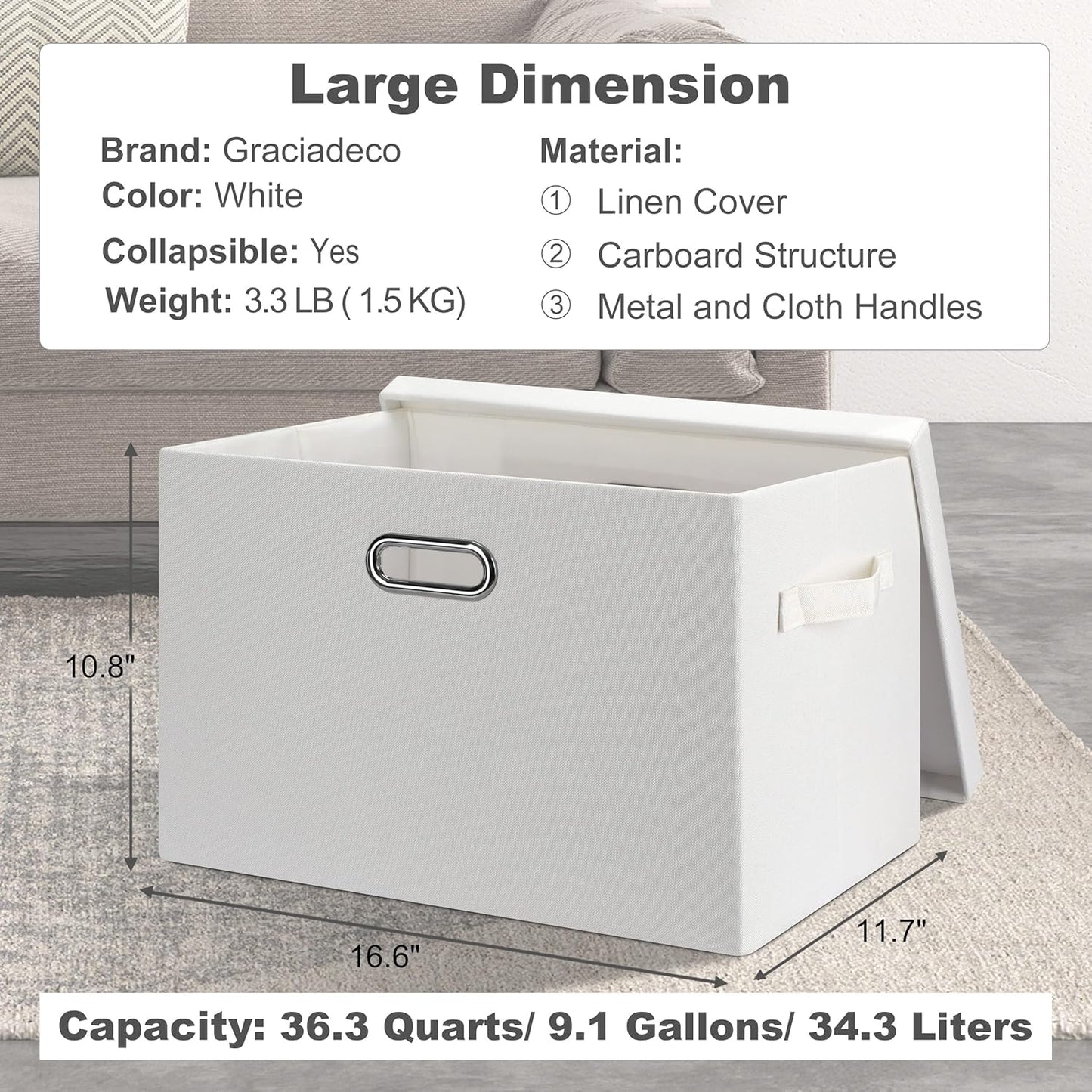 Large 17" 36 Quart Collapsible Stackable Storage Bins with Lids, 1 Pack White Foldable Fabric