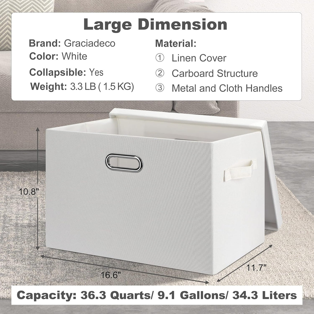 Large 17" 36 Quart Collapsible Stackable Storage Bins with Lids, 3 Packs White Linen Fabric Closet