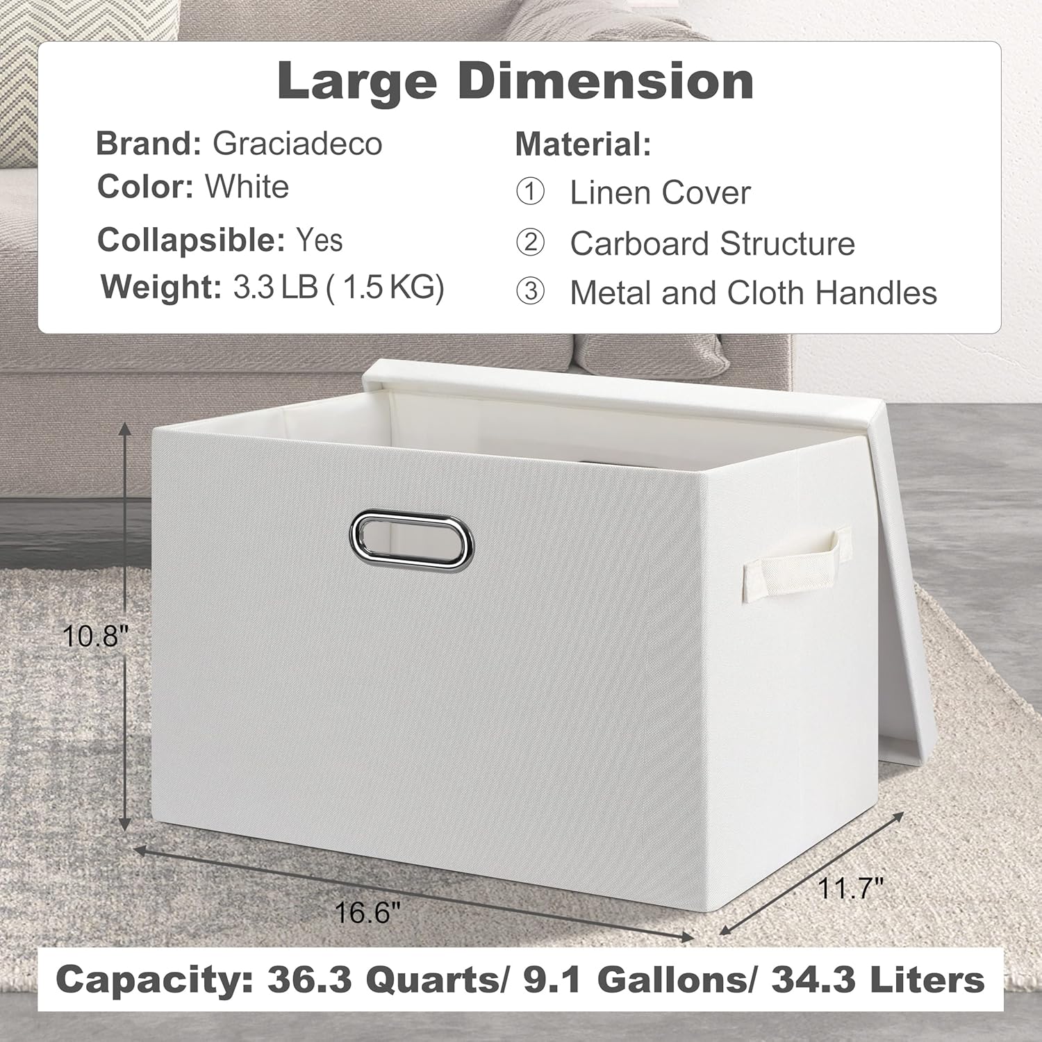 Large 17" 36 Quart Collapsible Stackable Storage Bins with Lids, 3 Packs White Linen Fabric Closet
