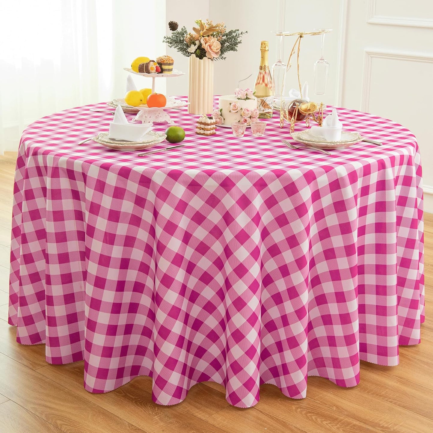 Waterproof Plaid Tablecloth Fabric - Round 108 Inch Classic Gingham Checker Table Cloth for
