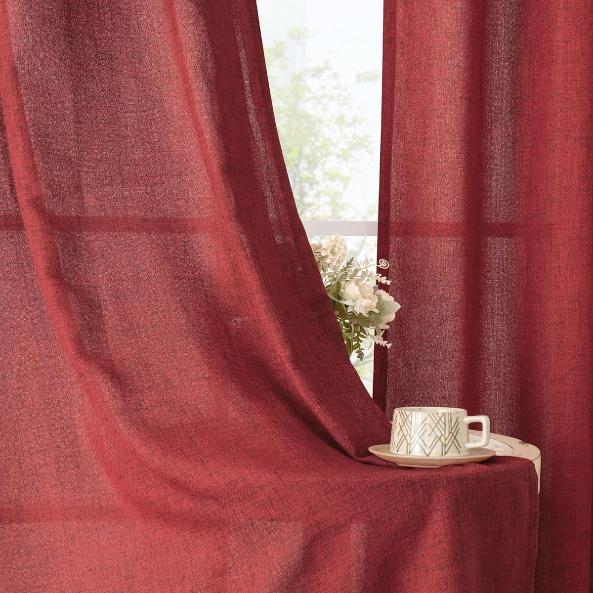 YoungsTex Red Linen Semi Sheer Curtains 84 Inch Length for Living Room 2 Panels Set, Christmas
