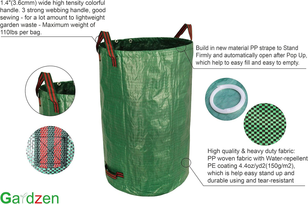 Gardzen 3-Pack 32 Gallon Yard Waste Bags, Reusable Heavy Duty Collapsible Garden Leaf Bags with