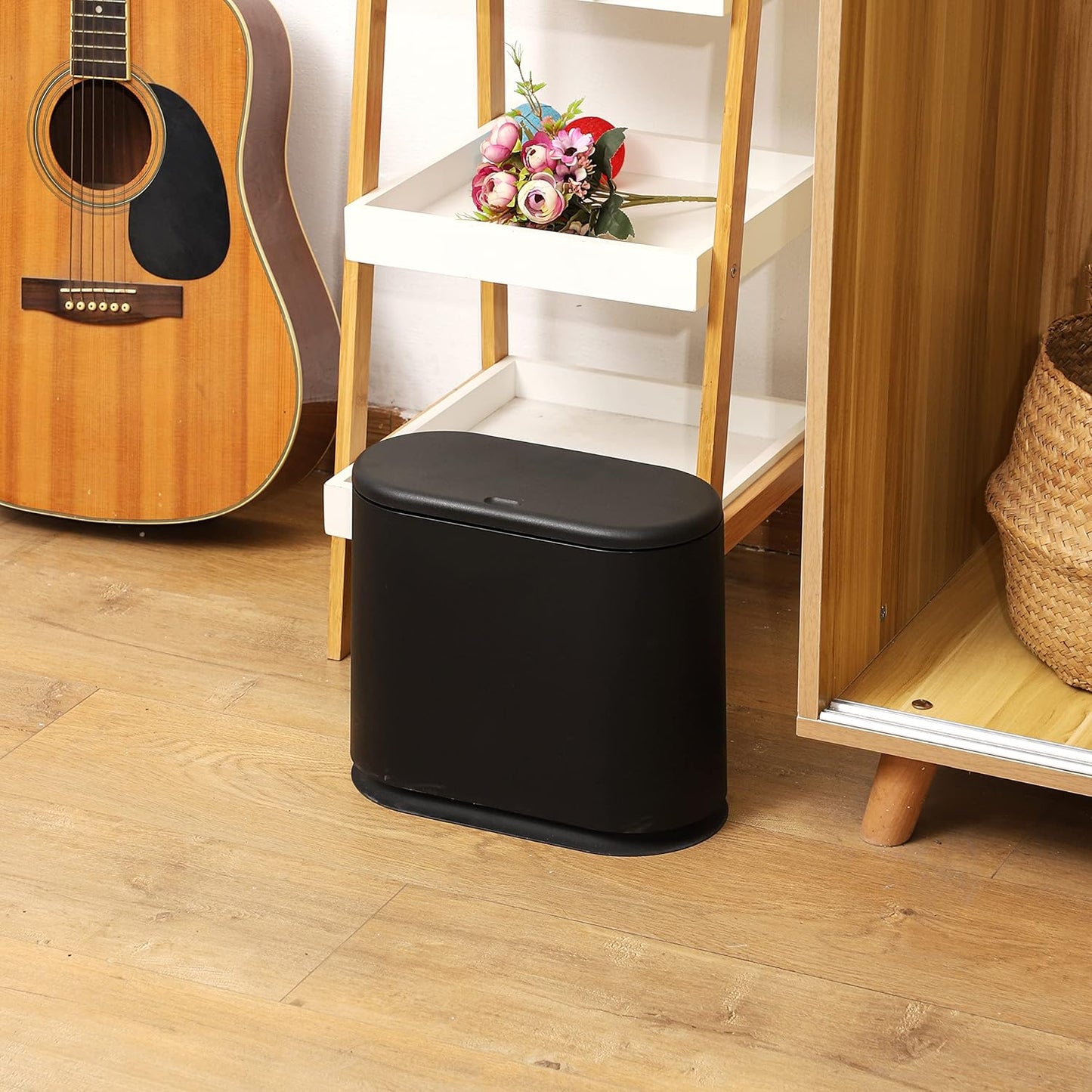 Black Slim Bathroom Trash Can with Press Top Lid,12 Liter Small Thin Garbage Can,3.17 Gallon Narrow