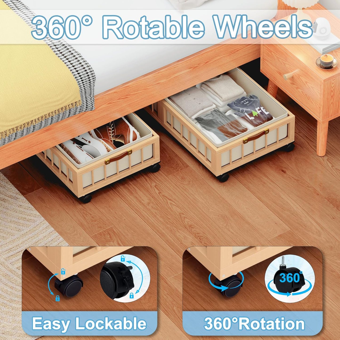 efluky 2-Pack Bamboo Under Bed Storage with Wheels, Rolling UnderBed Storage Basket with Large Dust