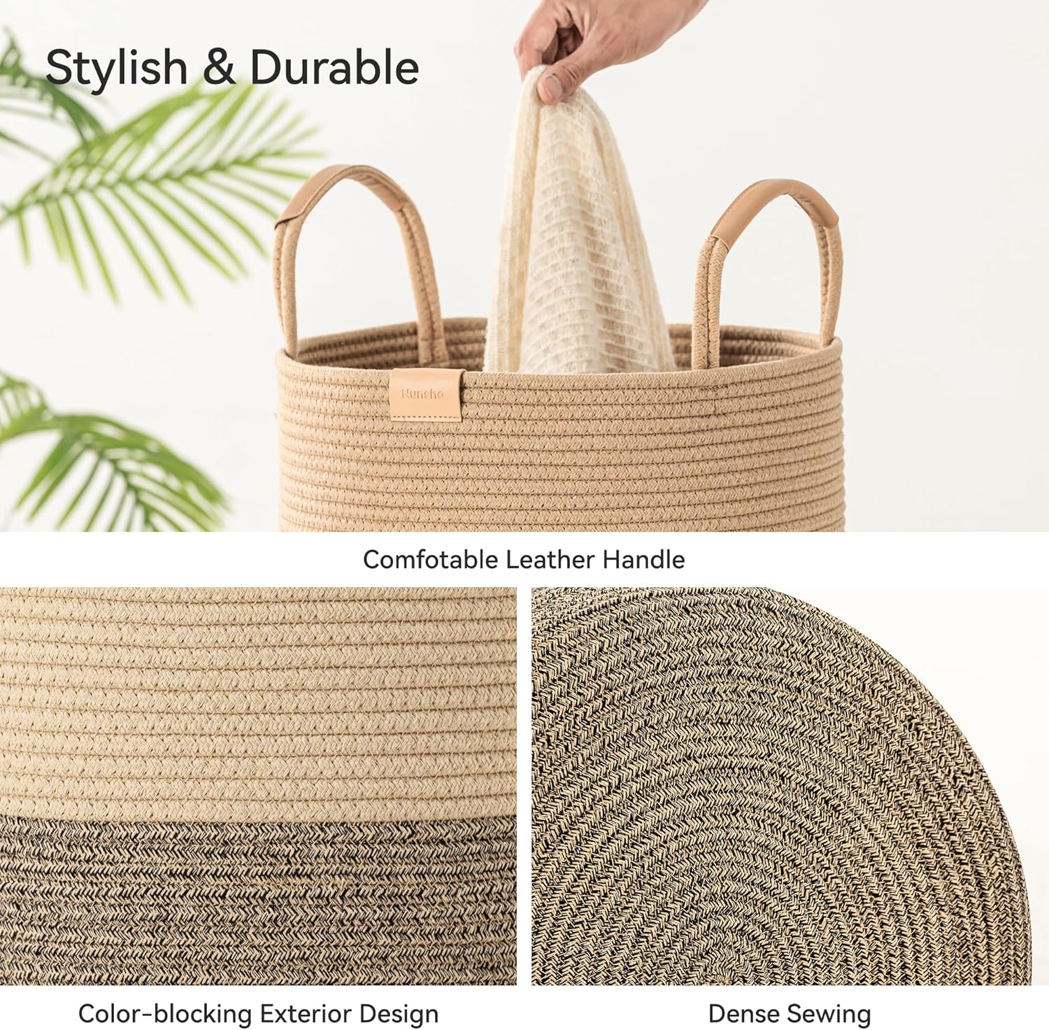 75L Striped Laundry Hamper with Leather Handles,Large Foldable Laundry Basket for Clothes,Cotton