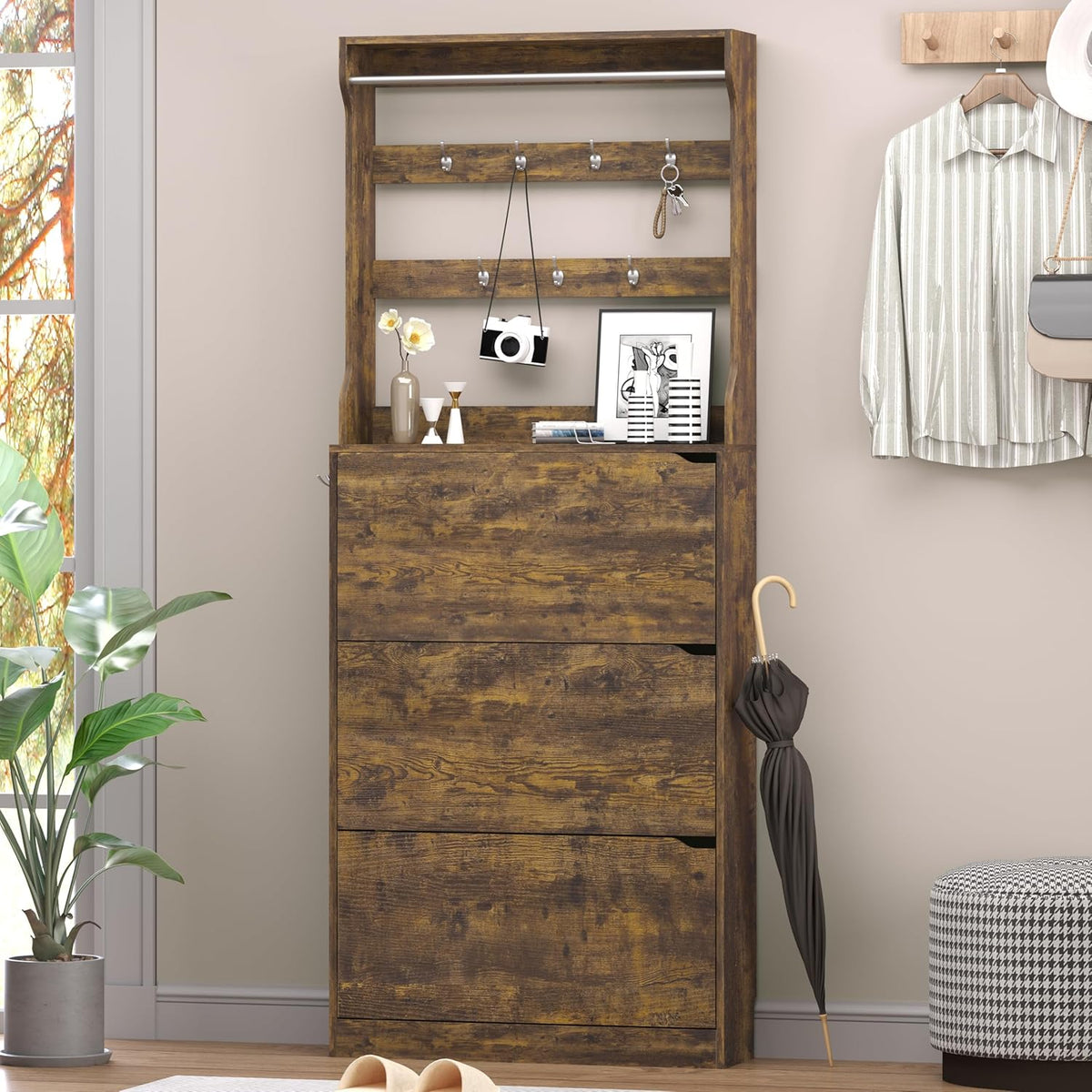 Shoe Cabinet with 3 Flip Drawers & Coat Rack, Narrow Hidden Shoe Storage Cabinet, 2-in-1 Hall Tree