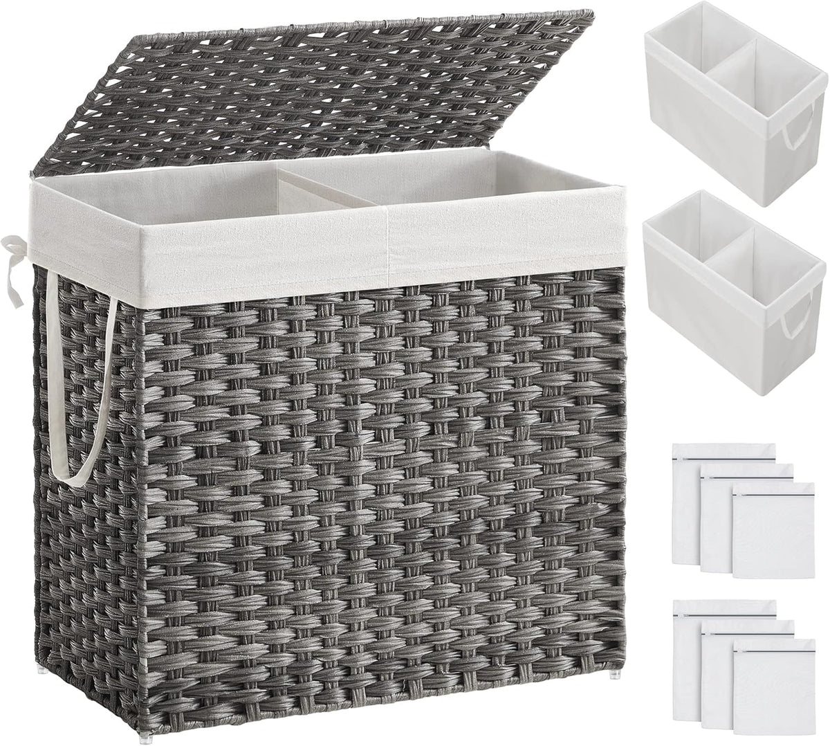 SONGMICS 130L Clothes Hamper with Lid, 2 Removable Liner Bags, 6 Mesh Bags, Wicker, Double Laundry