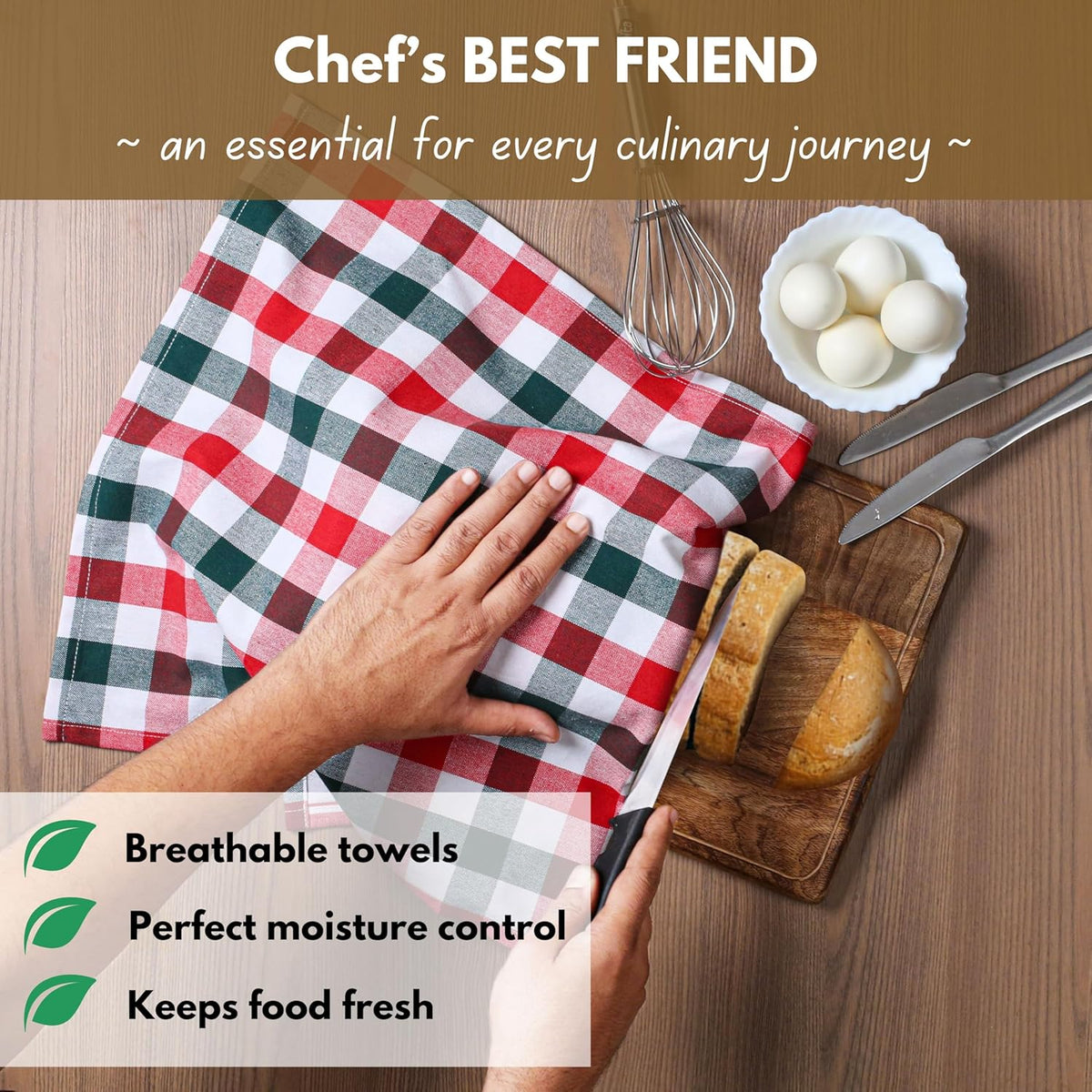 Native Fab Gingham Check Kitchen Towels 4 Pack 16x26 Inches - 100% Cotton, Soft, Absorbent Tea