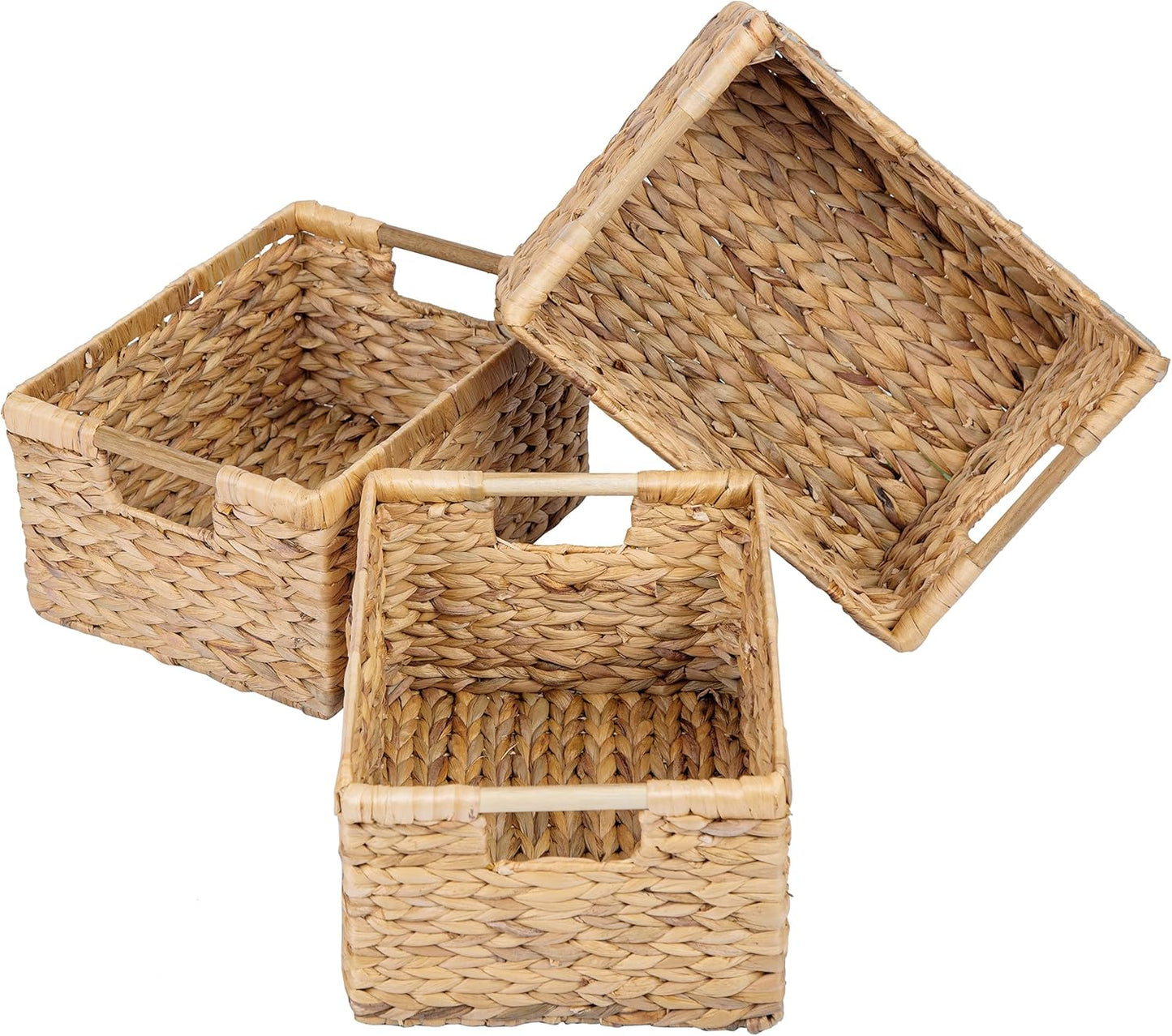 Large Wicker Basket Rectangular with Wooden Handles for Shelves, Water Hyacinth Basket Storage
