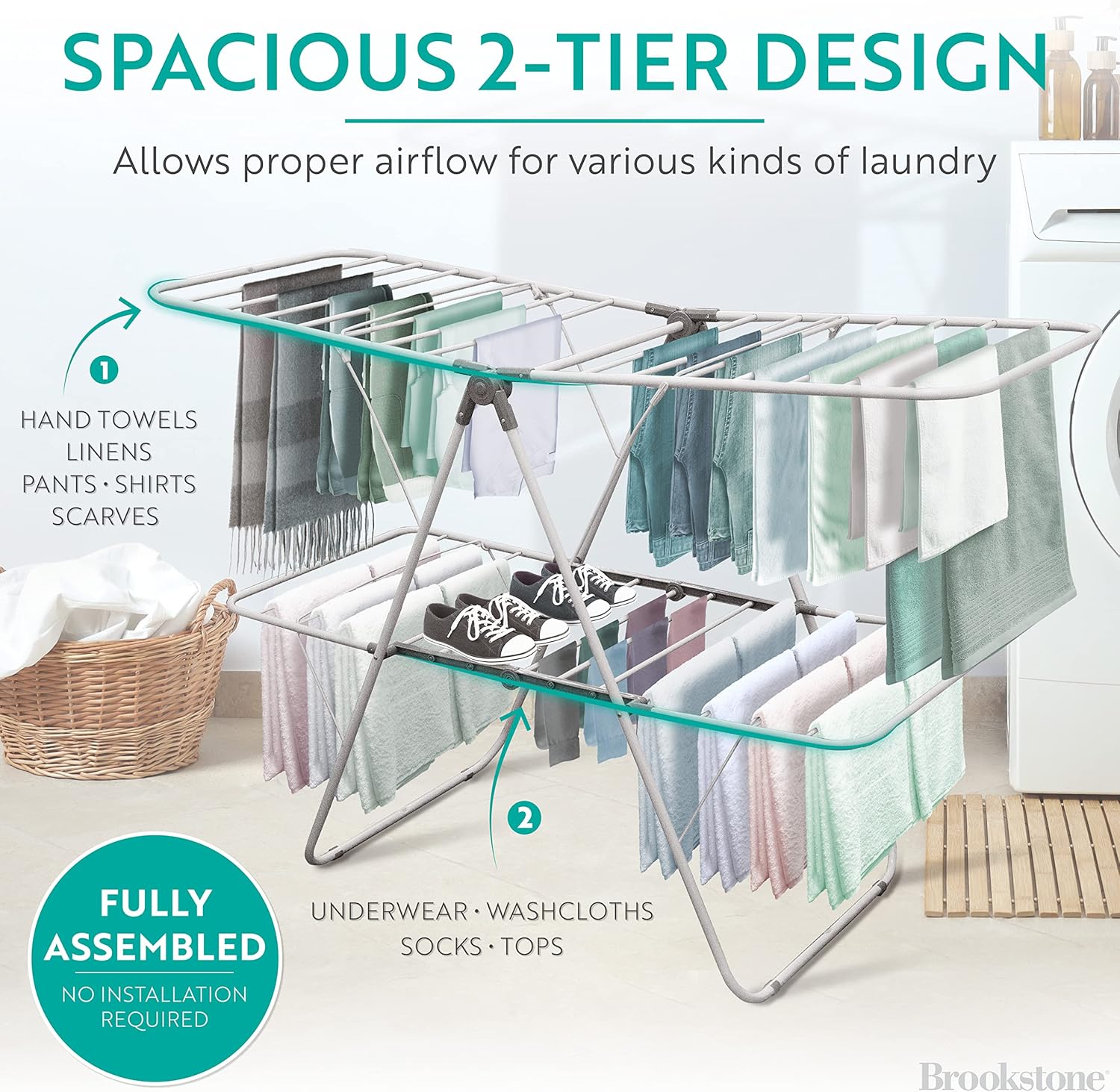 Brookstone – Extra Large – Double Spaced - 2 Tier Collapsible Clothes Drying Rack, Indoor/Outdoor