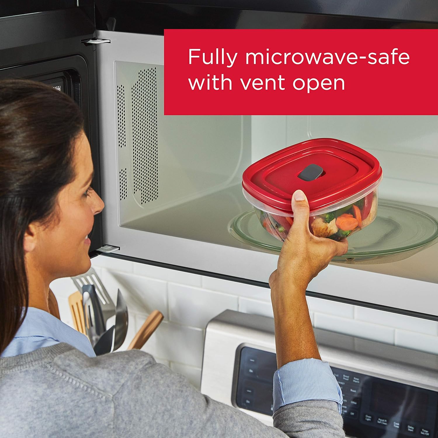 Rubbermaid 16-Piece BPA-Free Plastic Food Storage Set, Red Vented Lids - Microwave, Dishwasher