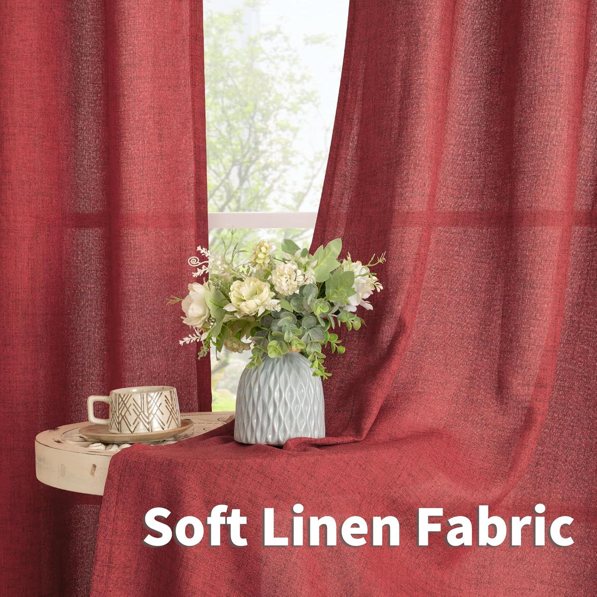 YoungsTex Red Linen Curtains 45 Inch Length for Kitchen, Short Window Drapes with Rod Pocket Back