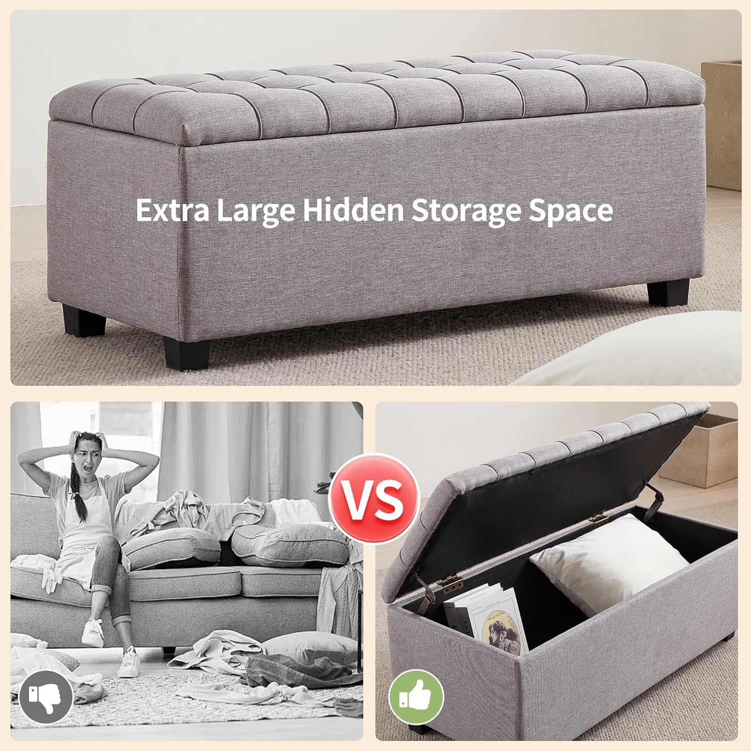 Ottoman with Storage 38 inches, Furniture End of Bed Storage Benches, Long Ottomans Bench with