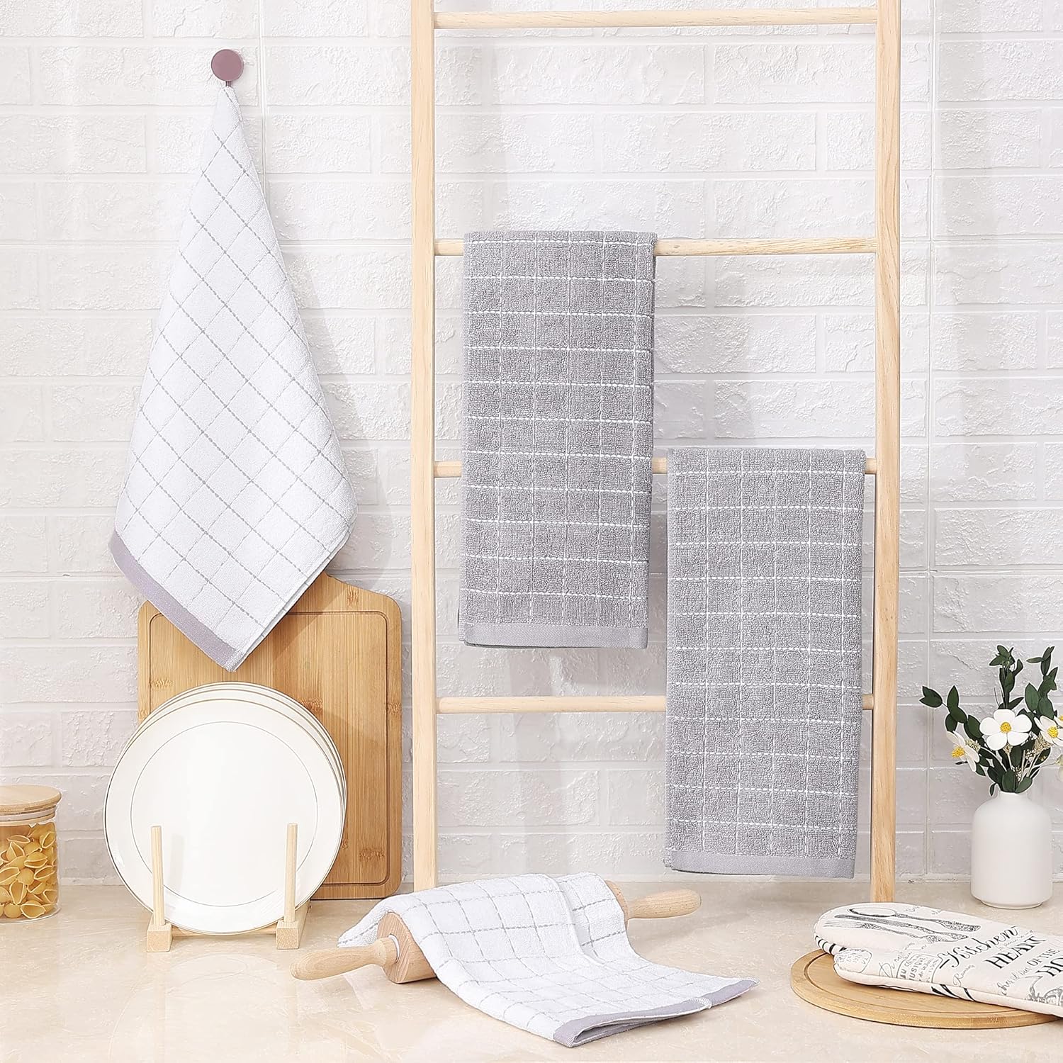 Homaxy 100% Cotton Terry Kitchen Towels(Mixed Color, 13 x 28 Inches), Checkered Designed, Soft and