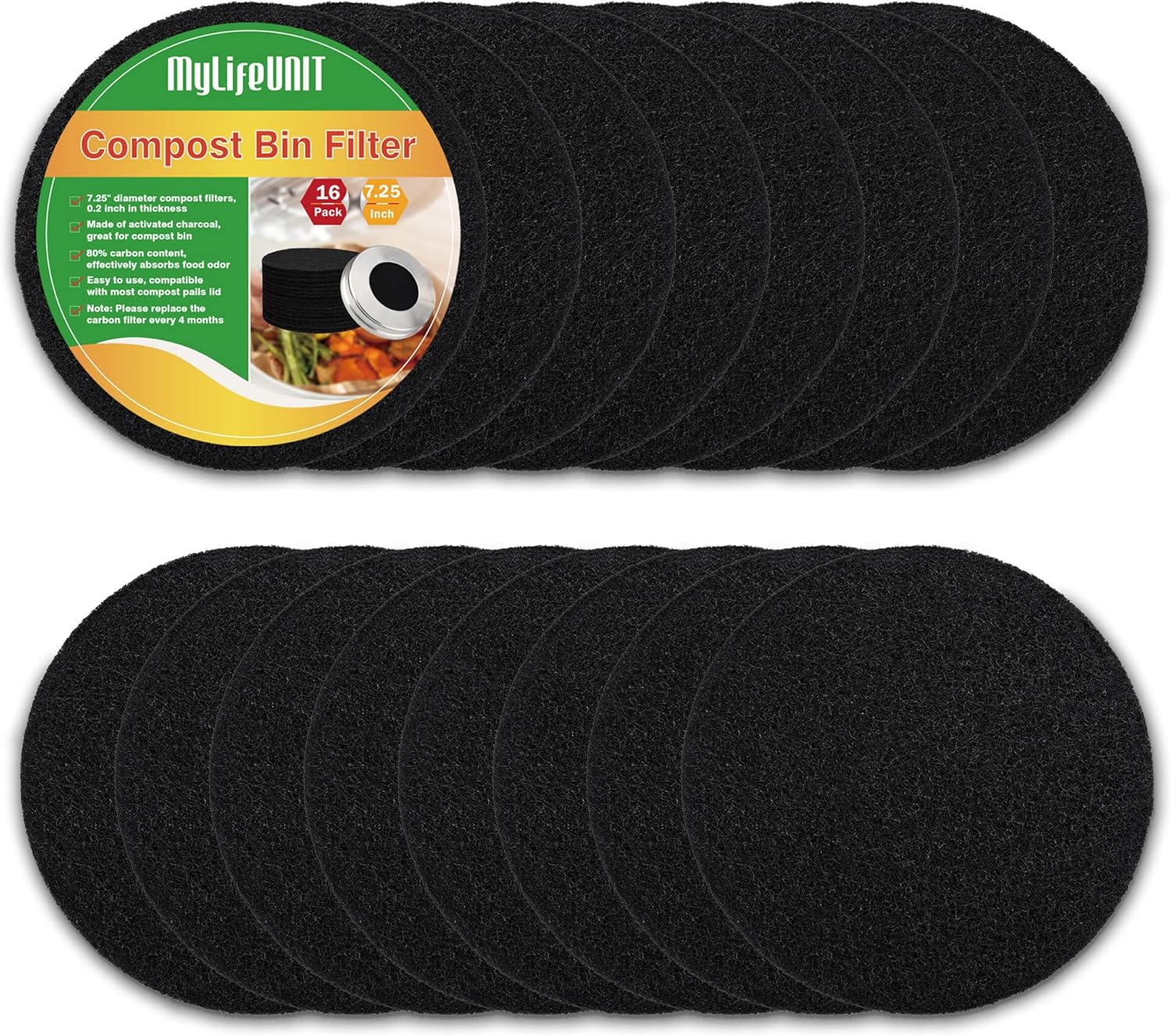 MyLifeUNIT 16 Pack Compost Bin Filter, Kitchen Compost Pail Charcoal Filter Replacements (7.25