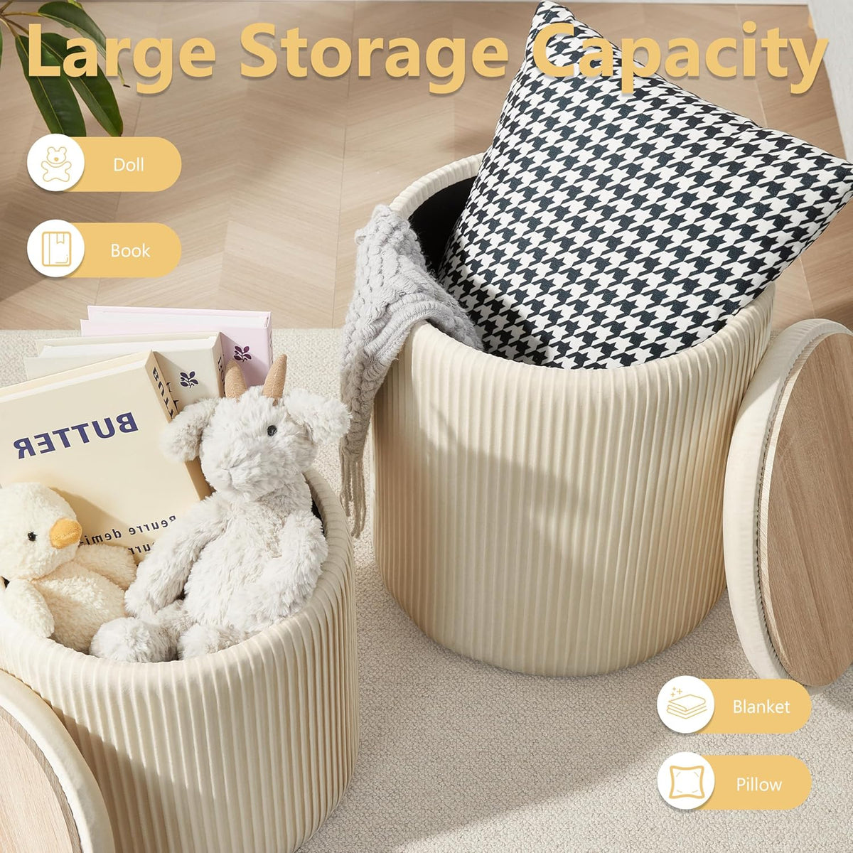 Round Ottoman with Storage Set of 2,Vanity Stool with Storage for Bedroom, Ottoman Coffee