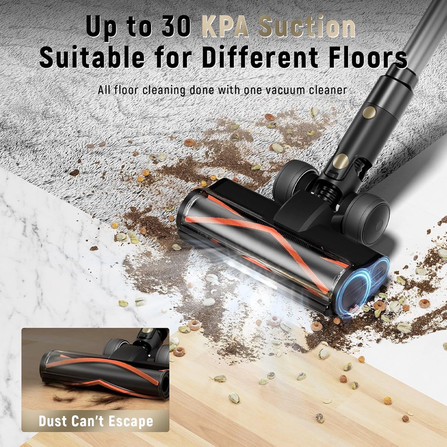 Cordless Vacuum Cleaner, 30Kpa Home Stick Vacuum, Smart Display & 1.5L Dust Cup, 55mins Max