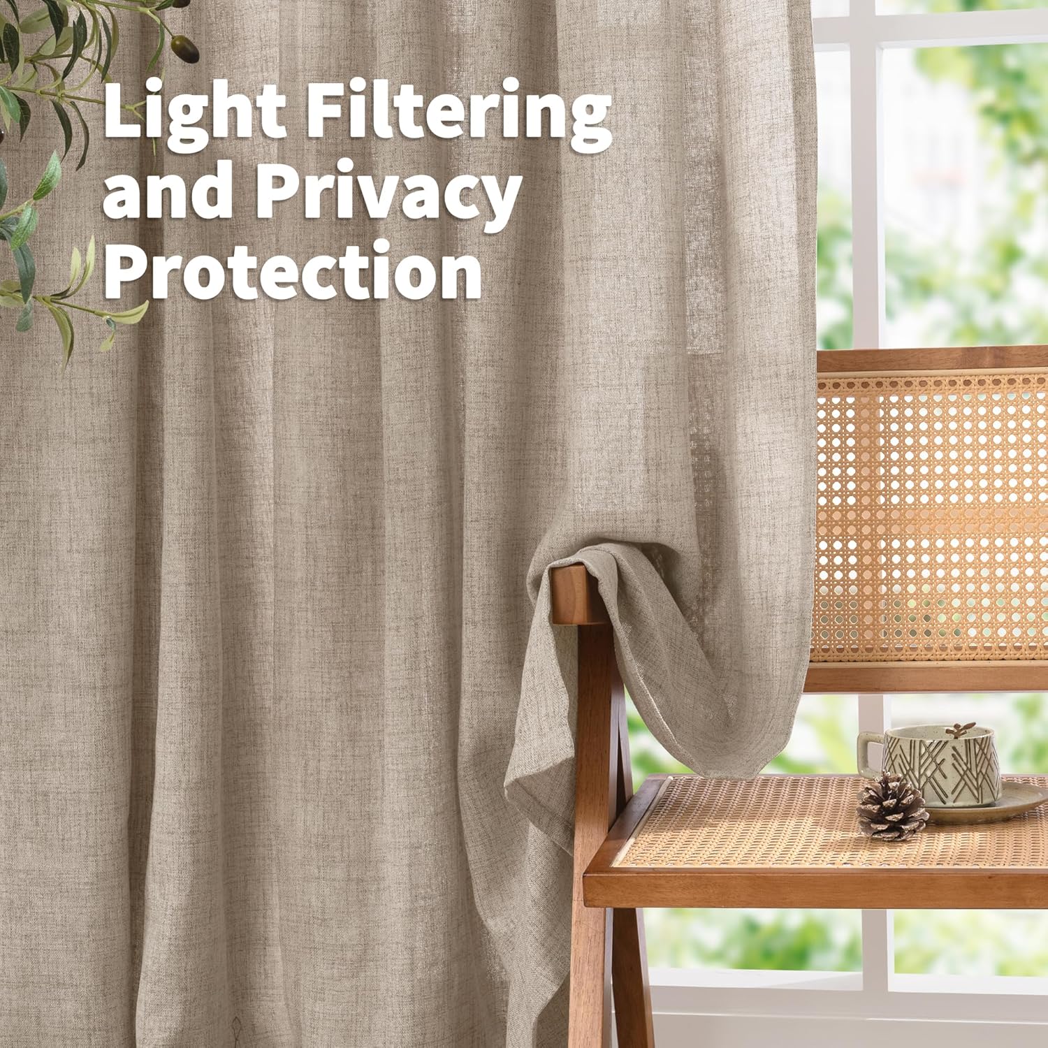 YoungsTex Oatmeal Linen Semi Sheer Curtains 63 Inch Length for Living Room, Light Filtering Window