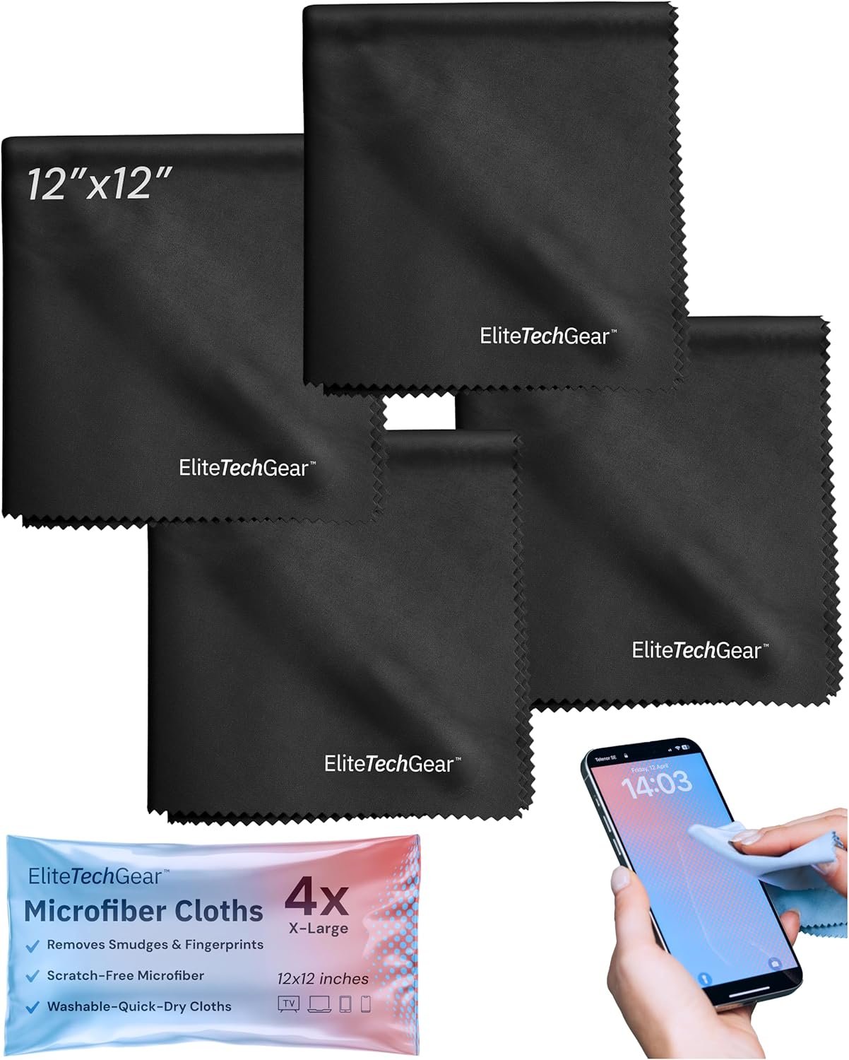 Elite Screens Microfiber Cleaning Cloth for Glasses & Electronics - 12" x 12", Pack of 4, Black