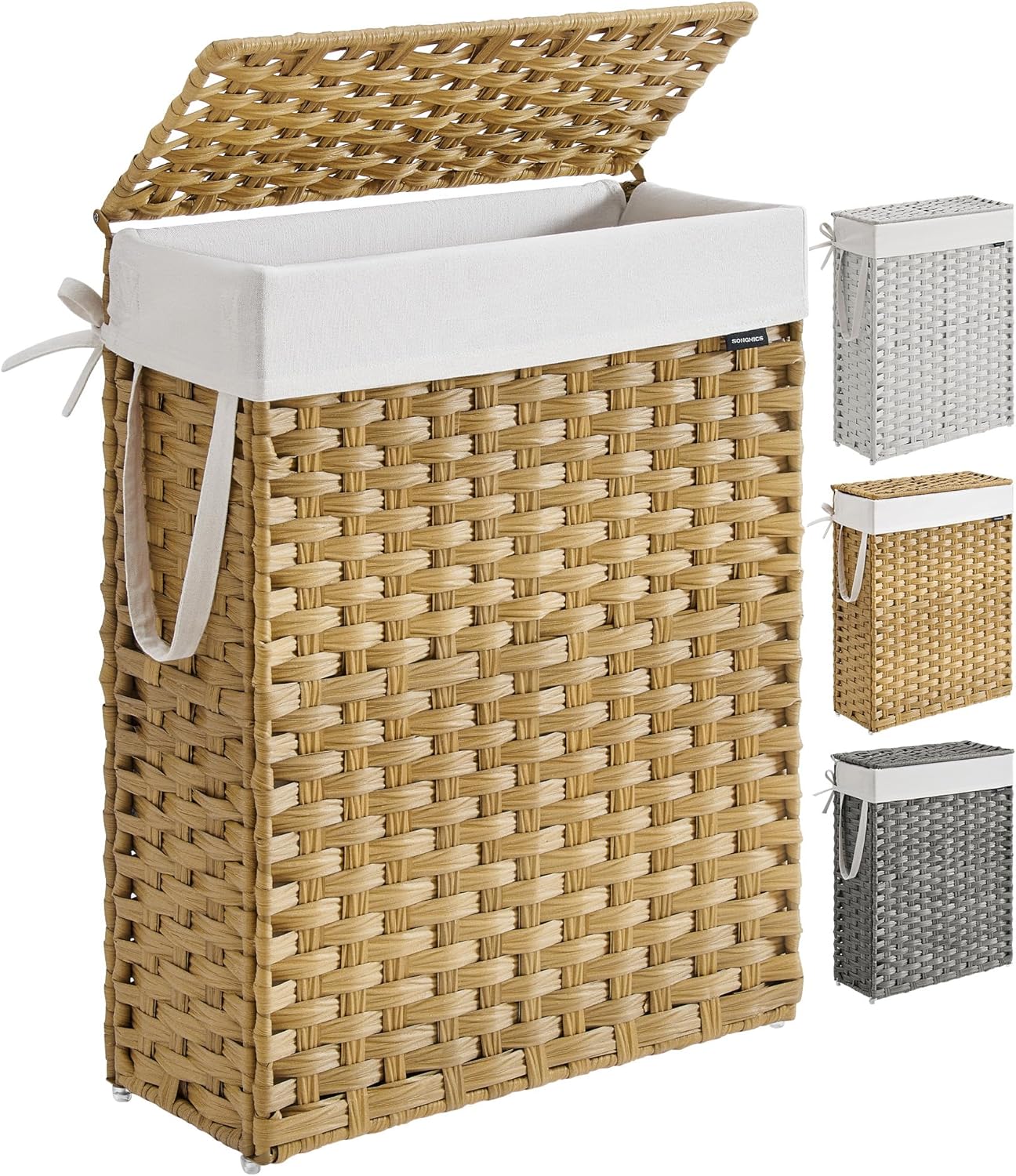 SONGMICS Slim Laundry Hamper with Lid, 14.5 Gallon (55L) Rattan Clothes Laundry Basket with Lid and