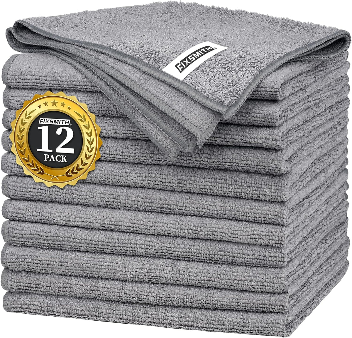 FIXSMITH Grey Microfiber Cleaning Cloth -Pack of 12, Highly Absorbent Cleaning Rags, 16"X12" All