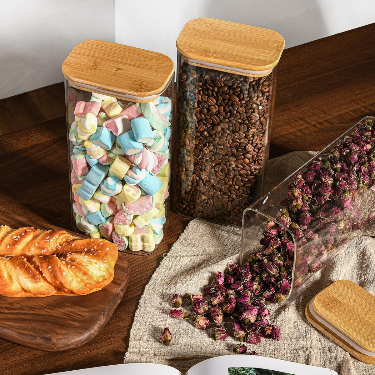 64oz Rectangle Airtight Glass Storage Containers with Bamboo Lids (Set of 4), Square Food Storage
