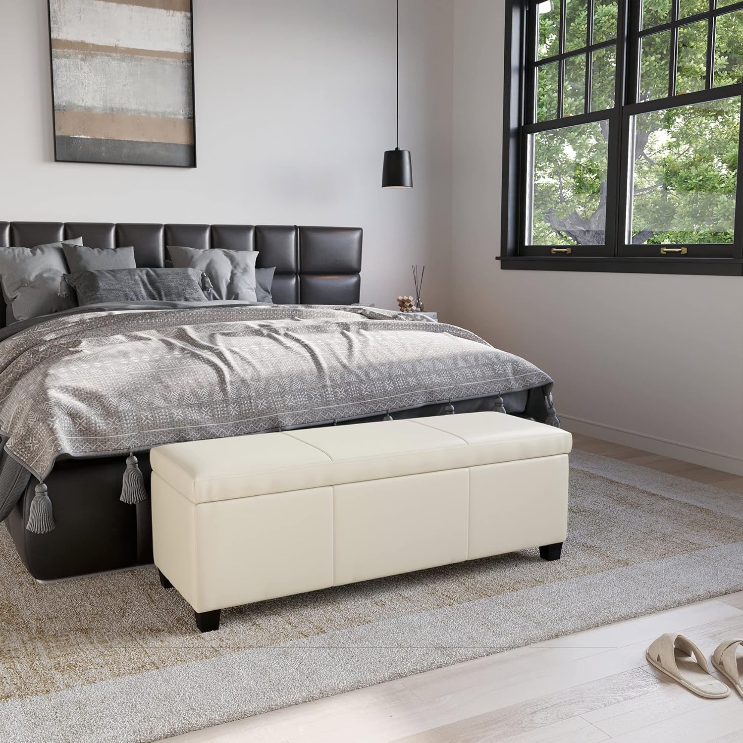 BELLEZE Storage Faux Leather Ottoman, 47 Inch Bench Bedroom Bench with Safety Close Hinge, Extra