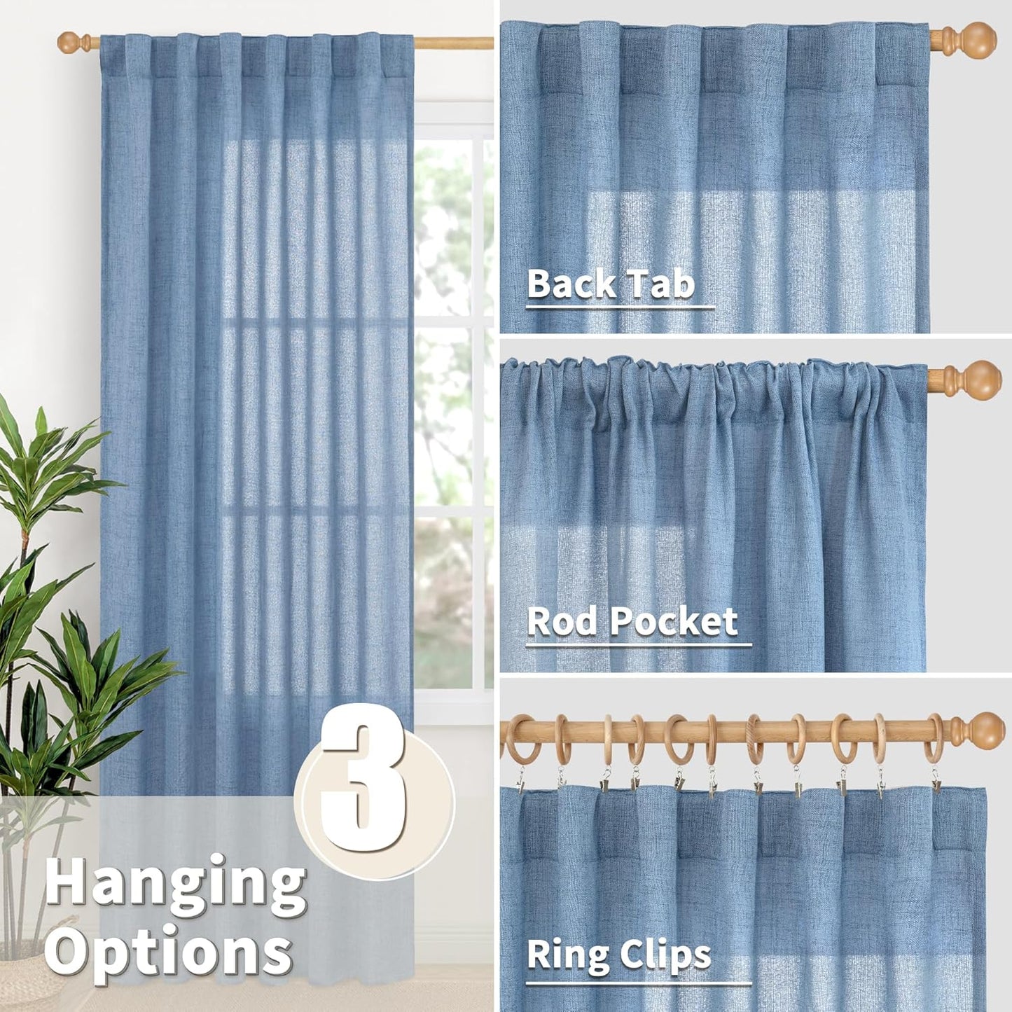 YoungsTex Denim Blue Linen Curtains 36 Inch Length for Kitchen Cafe Window, Small Half Window