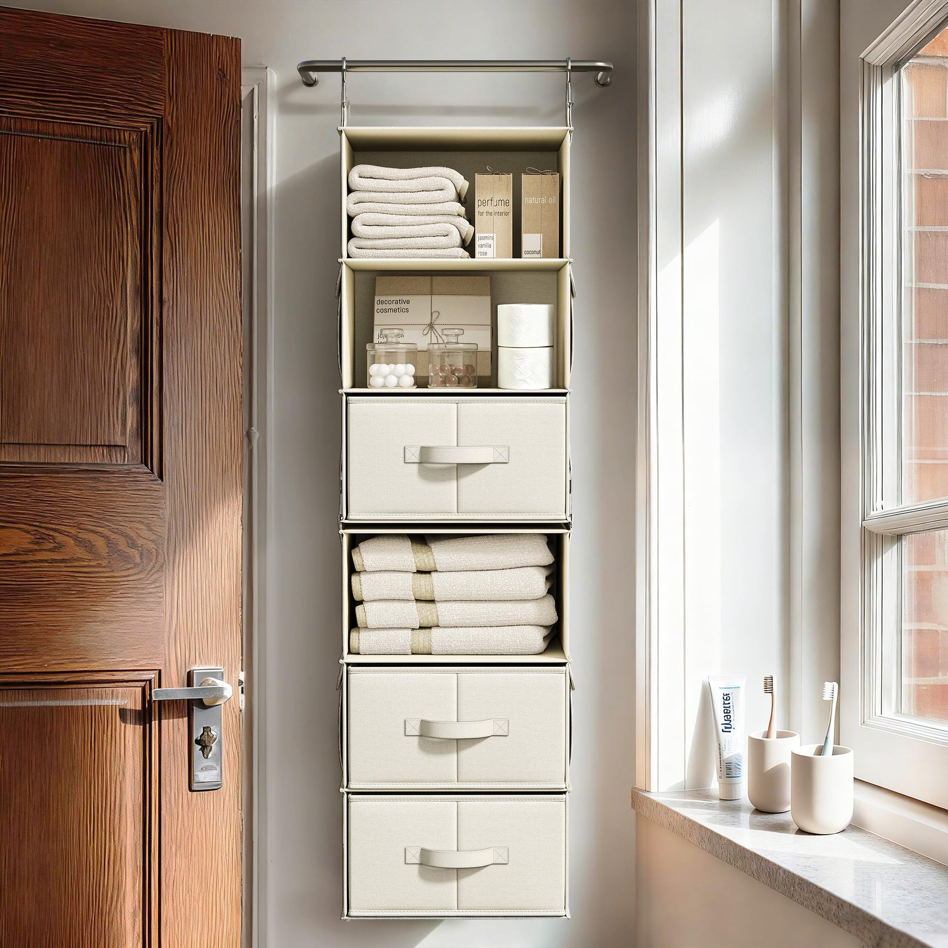 6-Shelf Hanging Closet Organizer with 3 Drawers, 2-in-1 Design, Beige