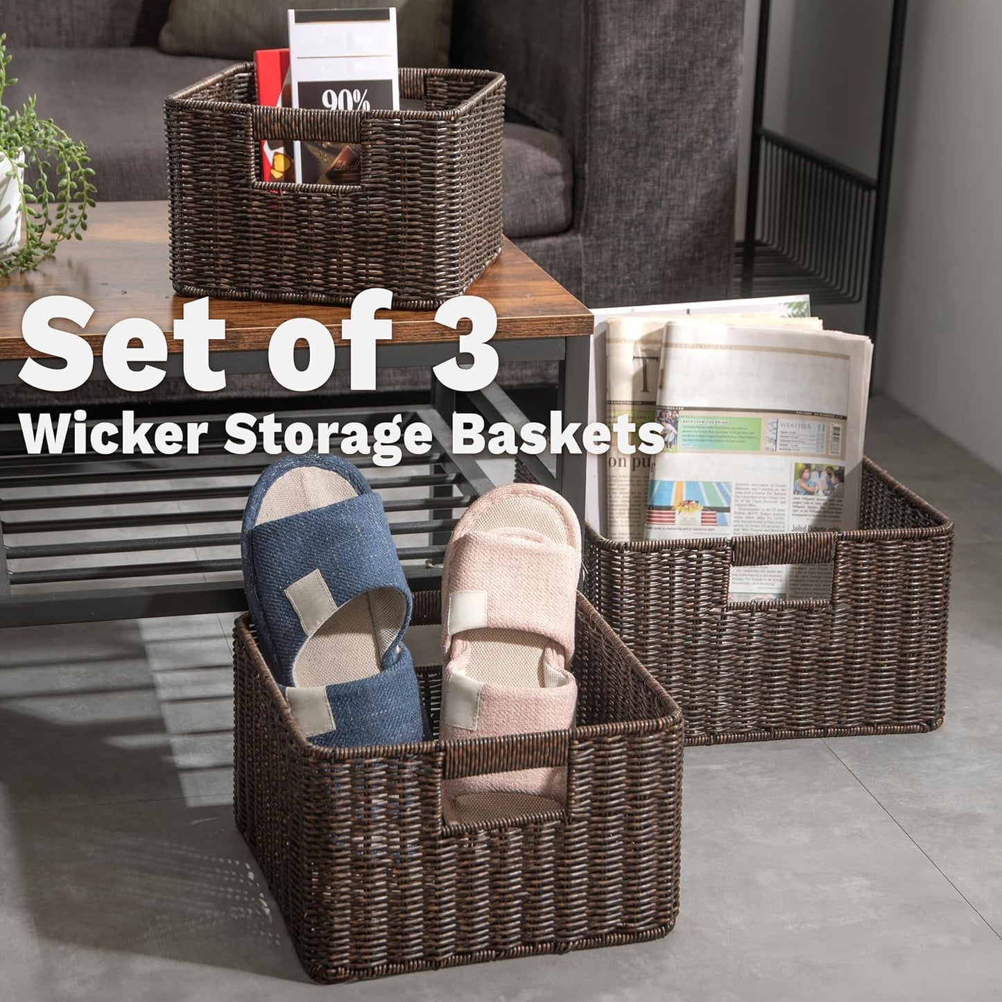 myHomeBody Wicker Storage Basket, Storage Cubes, Woven Baskets for Organizing, Resin Wicker Set of