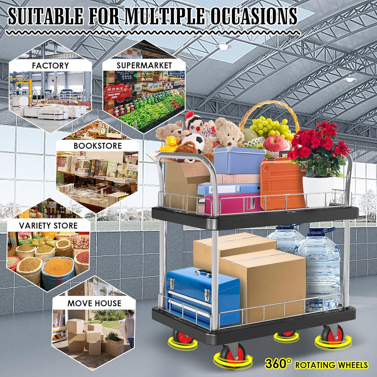 2 Shelf Utility Service Cart- 660lbs Capacity Heavy-Duty Plastic Rolling Utility Carts with 4 of