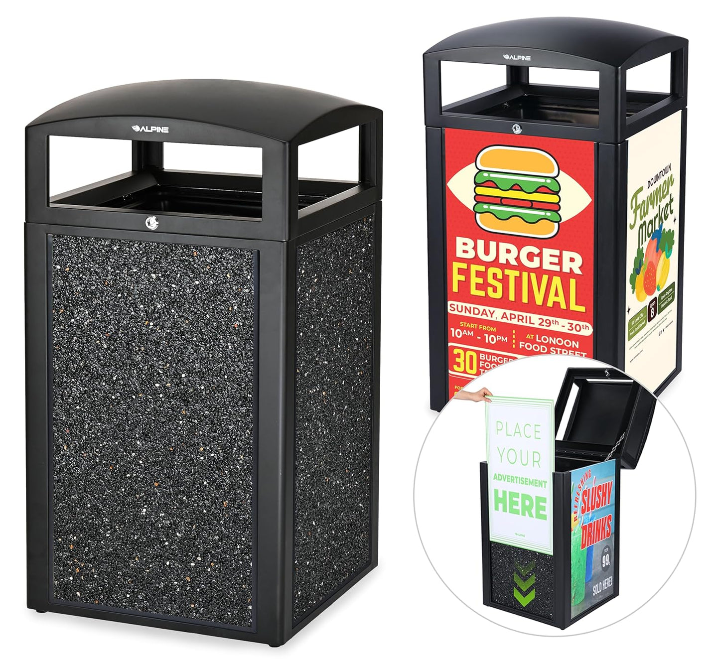 Alpine Outdoor Commercial Trash Can with Lid - 40 Gallon Heavy Duty Metal Garbage Can with