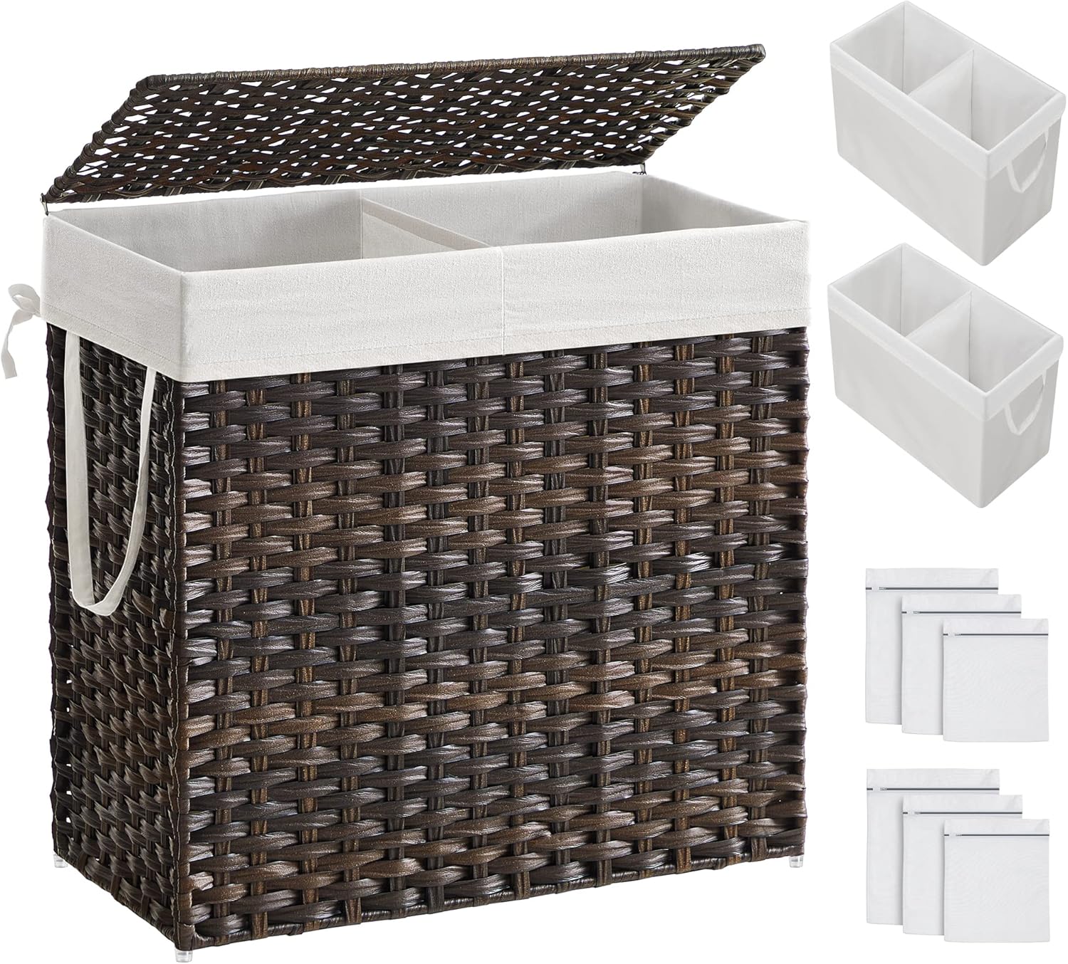 SONGMICS Laundry Hamper with Lid, 130L Clothes Hamper with 2 Removable Liner Bags and 6 Mesh Bags