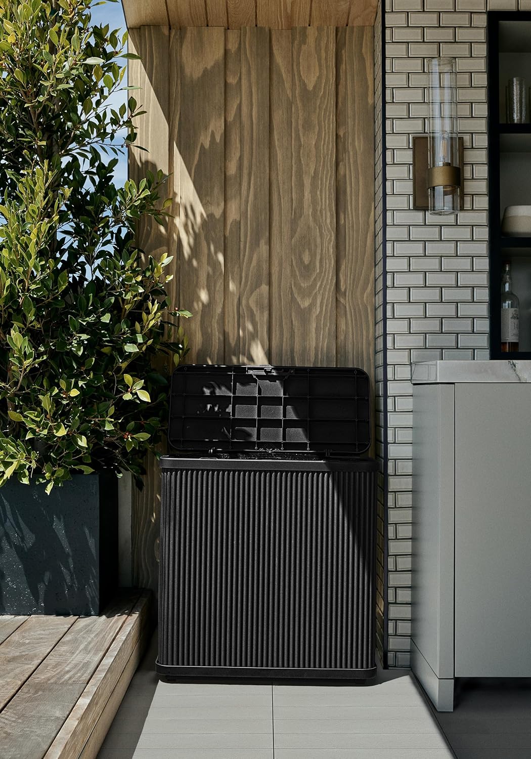 Veradek Tambour Series Outdoor Trash Can with Lid – All-Weather Waste Bin for Patio, Pool, BBQs &