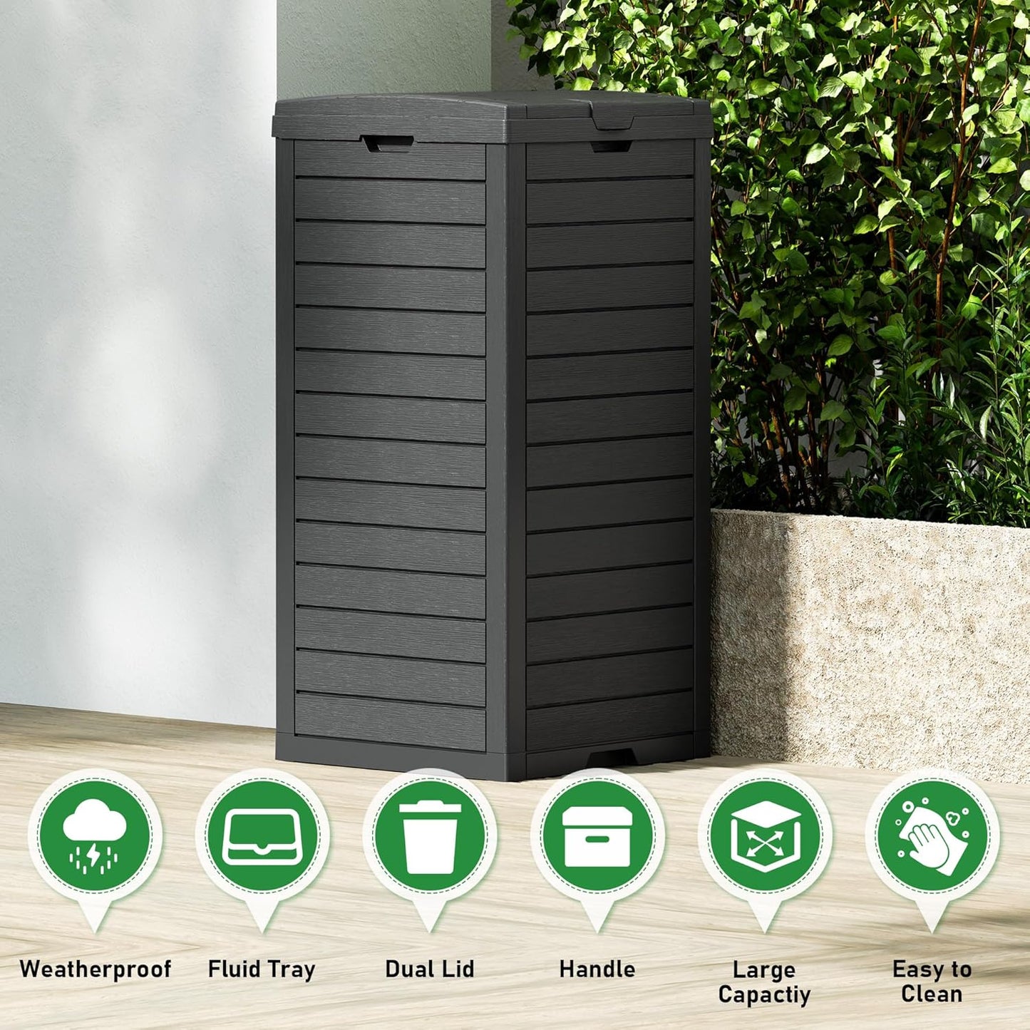 NUNU LAB 31 Gal Outdoor Trash Can with Lid - Heavy Duty Waterproof Resin, Removable Drip Tray, Fits