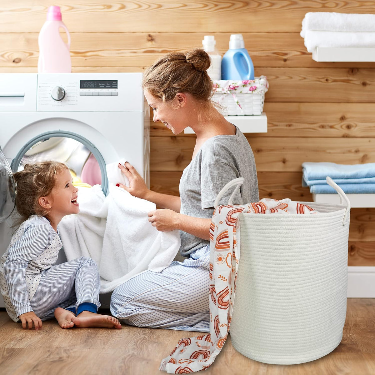 Cotton Rope Laundry Basket Hamper for Clothes Decorative Woven Storage Basket for Living Room