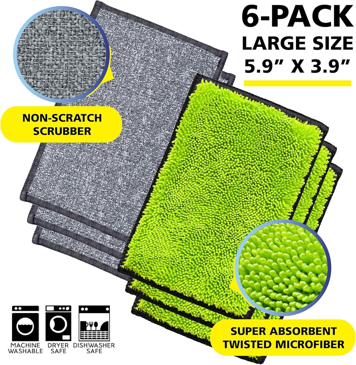 Fresh Tuff-Scrub, Large, 6-Pack Scrub-N-Wipe Sponge Cloth with Silvadur Antimicrobial for Odor