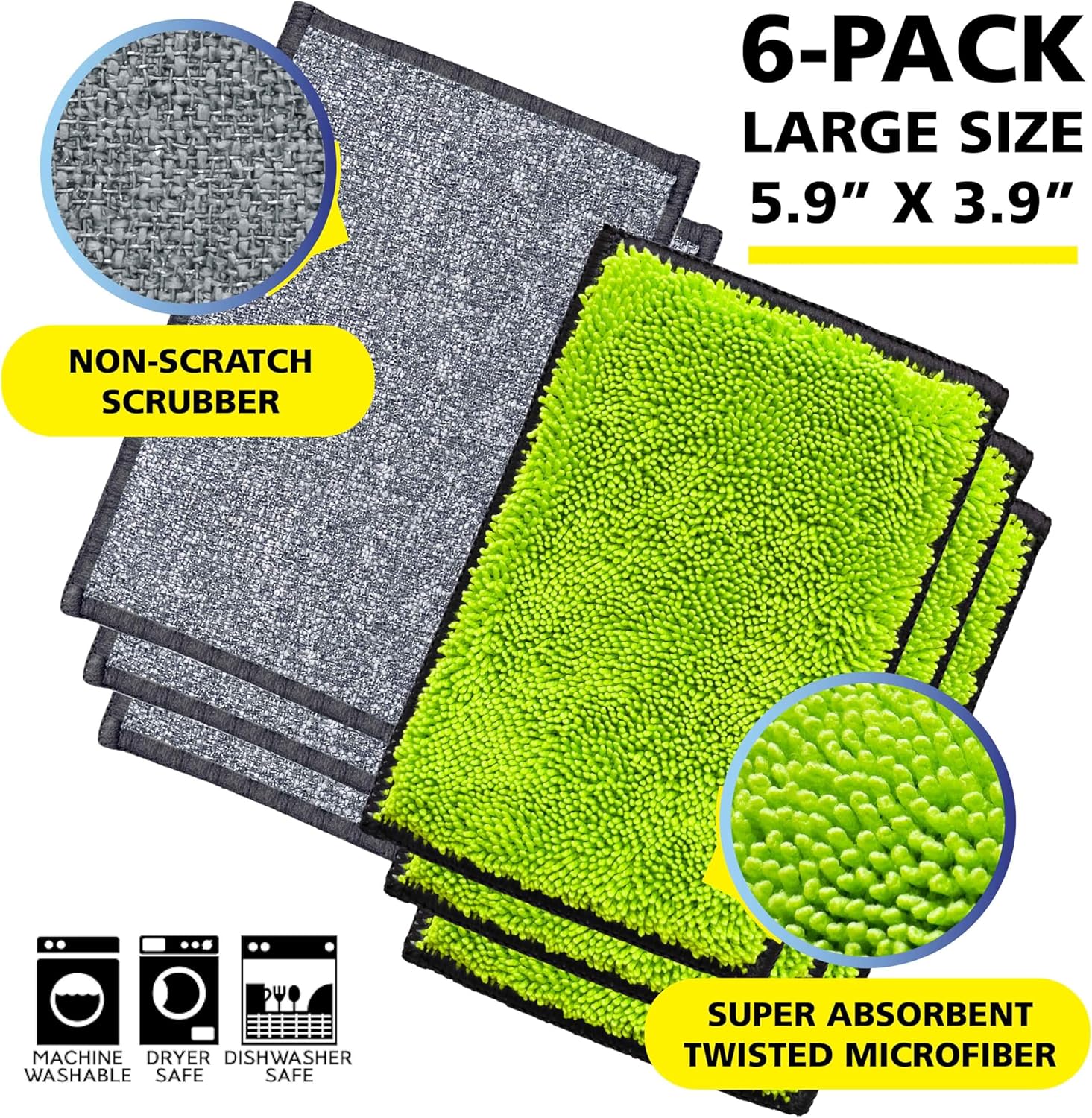Fresh Tuff-Scrub, Large, 6-Pack Scrub-N-Wipe Sponge Cloth with Silvadur Antimicrobial for Odor