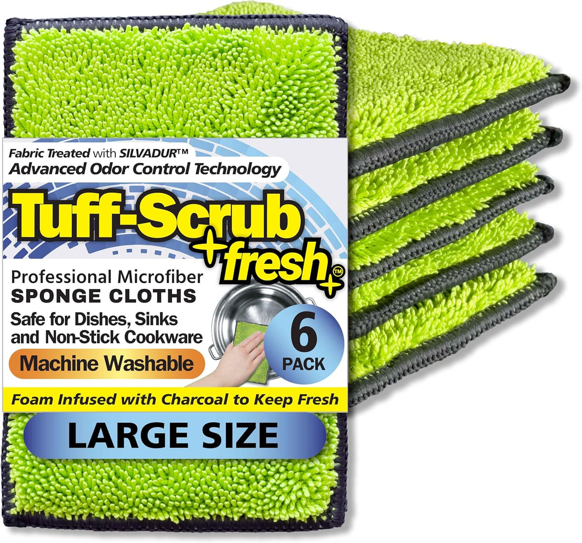 Fresh Tuff-Scrub, Large, 6-Pack Scrub-N-Wipe Sponge Cloth with Silvadur Antimicrobial for Odor