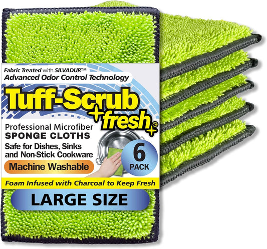 Fresh Tuff-Scrub, Large, 6-Pack Scrub-N-Wipe Sponge Cloth with Silvadur Antimicrobial for Odor