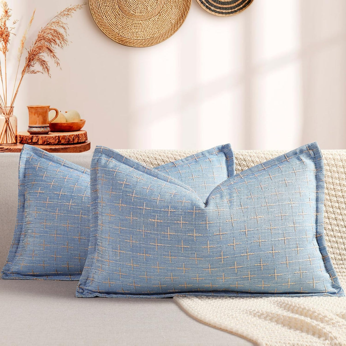 ZWJD 12x20 Pillow Covers Set of 2 Soft Polyester Textured Pillow Covers with Stylish Flange Edge