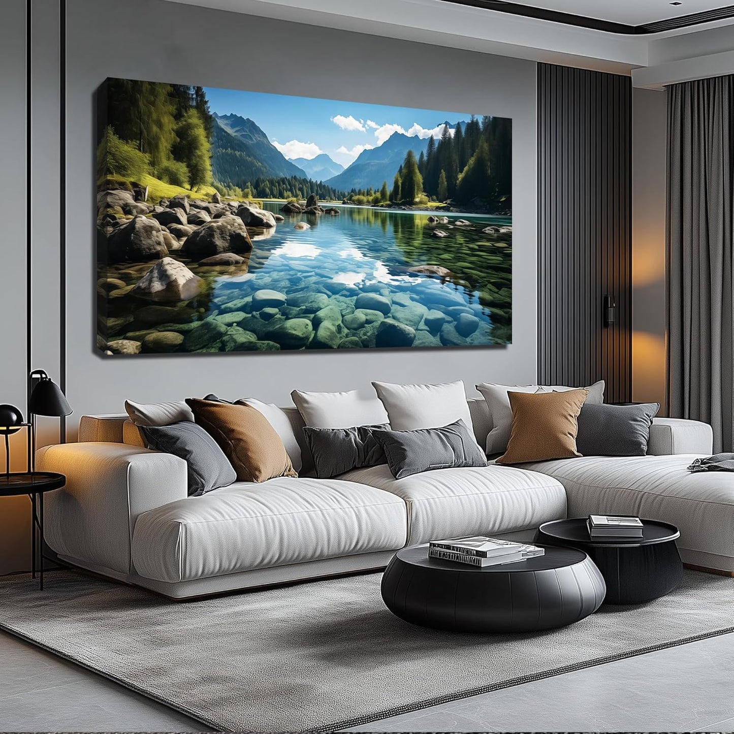 GUGIKA Landscape Wall Art for Living Room, Mountain and Lake Wall-Decor for Bedroom, Natural
