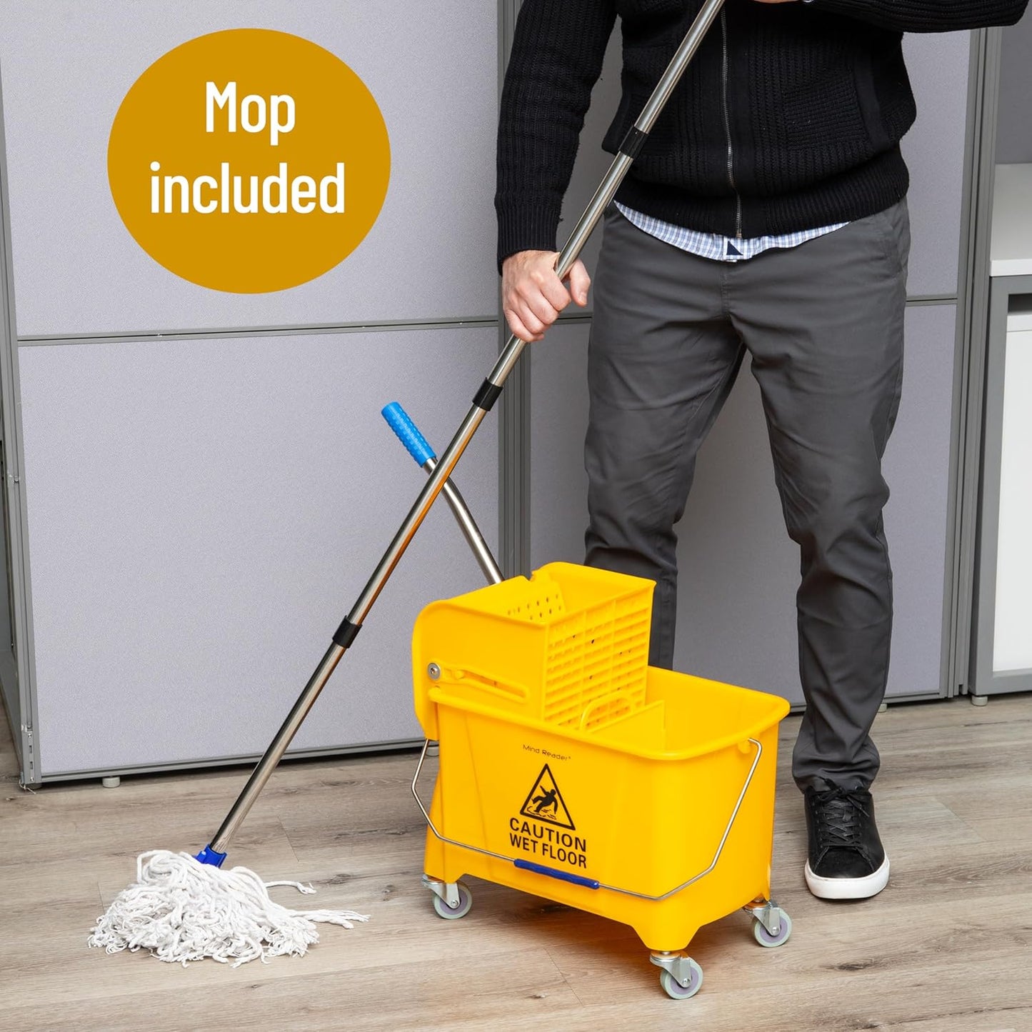 Mind Reader Bucket with Wringer and Mop Set, 22 Qt (5.5 Gallon), Floor Cleaning, Wheels, 16.25" L x