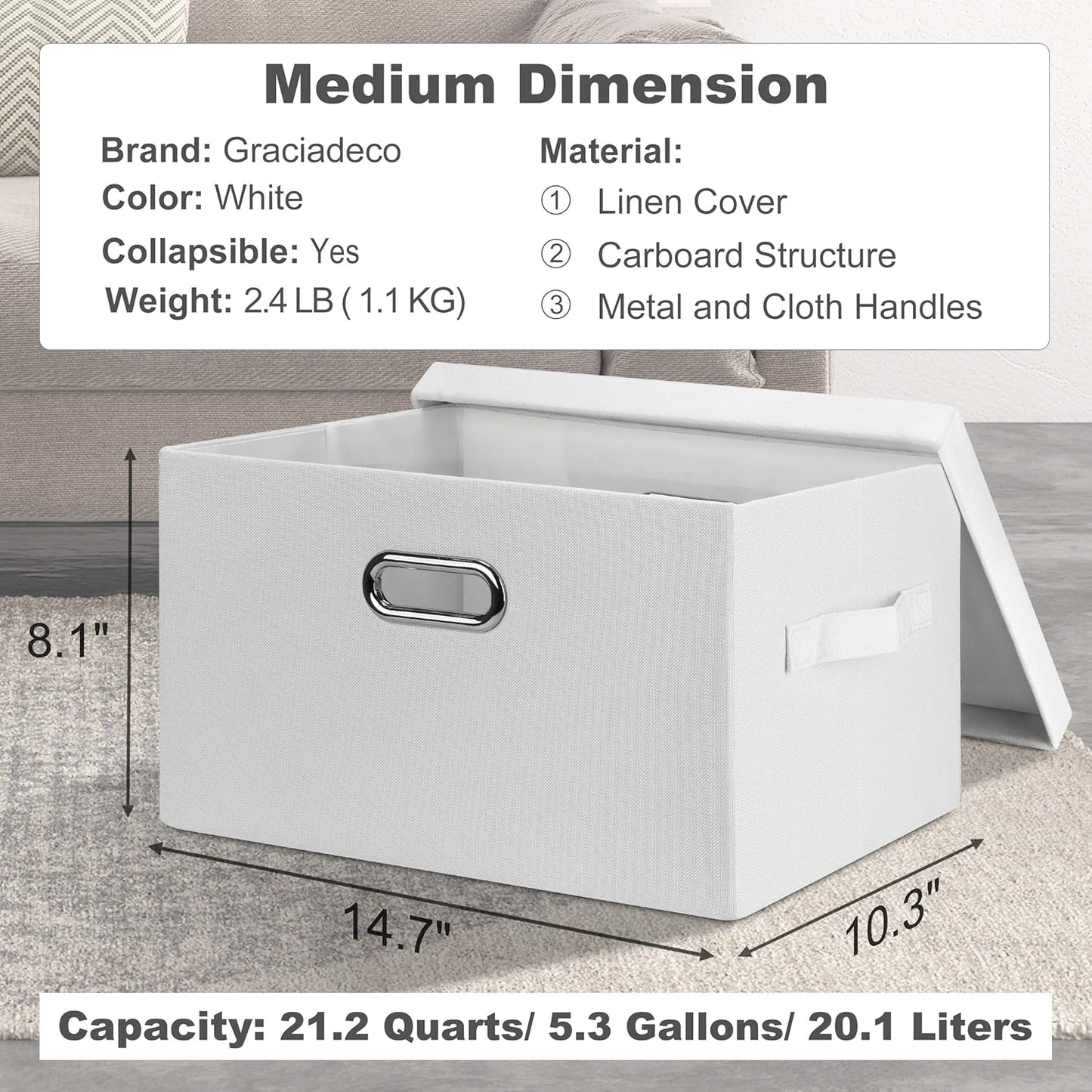 Medium 15" 21 Quart Collapsible Stackable Storage Bins with Lids, 1 Pack White Foldable Fabric