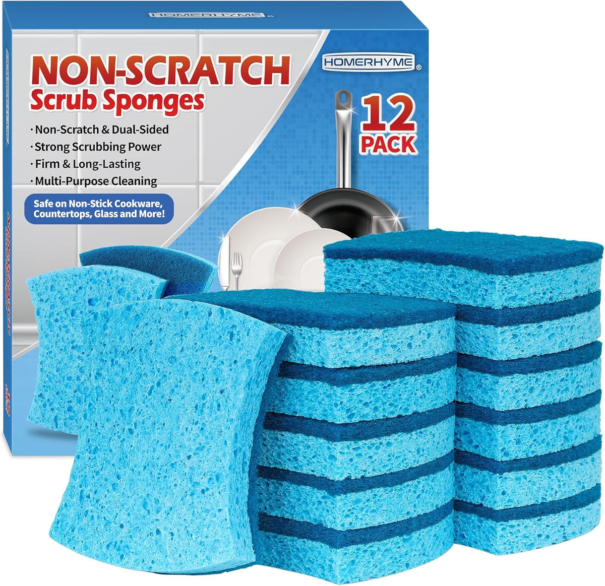 HOMERHYME Non-Scratch Cellulose Scrub Sponges 12 Pack, Sponges Kitchen with Double-Side & Ergonomic