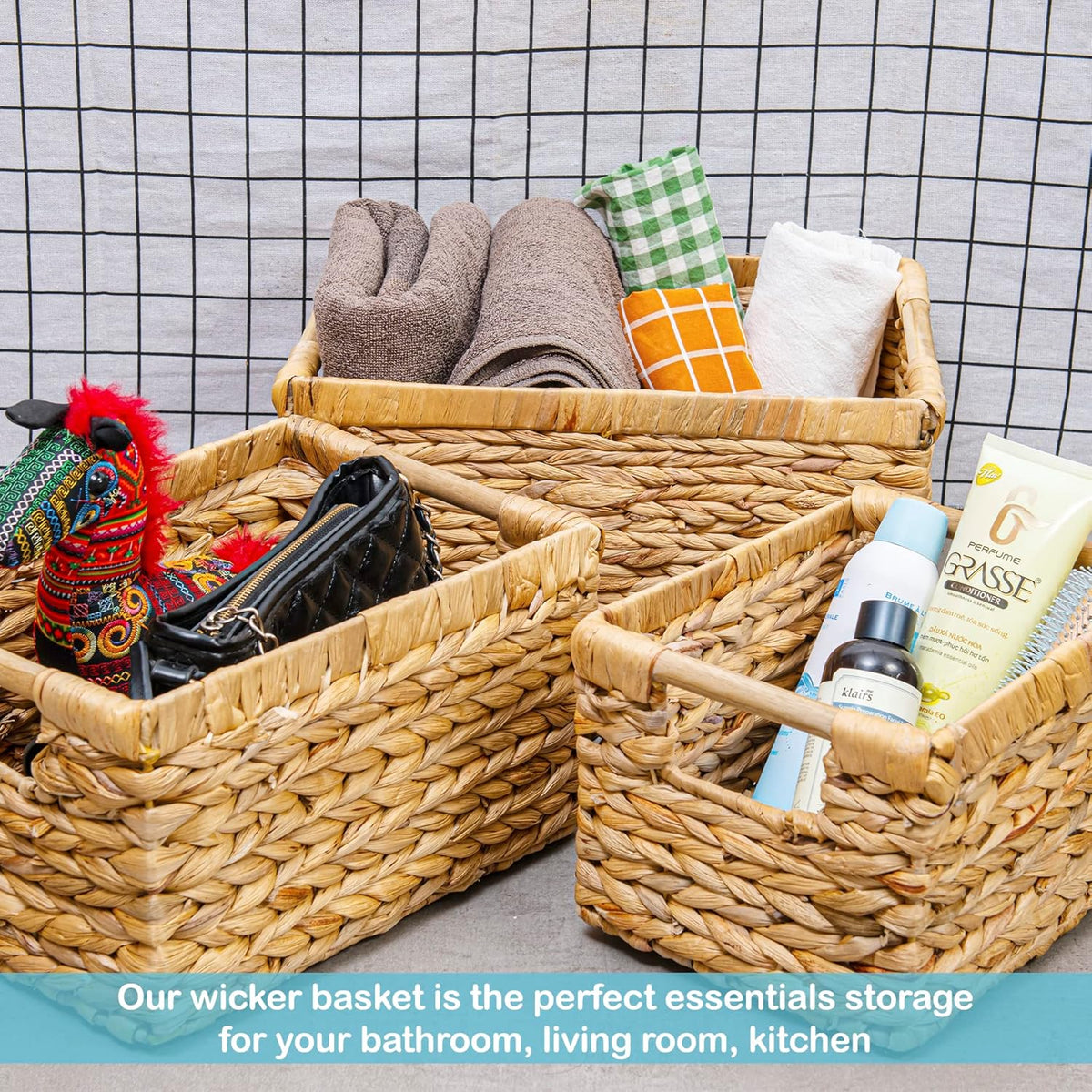 Water Hyacinth Storage Baskets with Wooden Handles, Rectangular Woven Organizer Bins for Closet