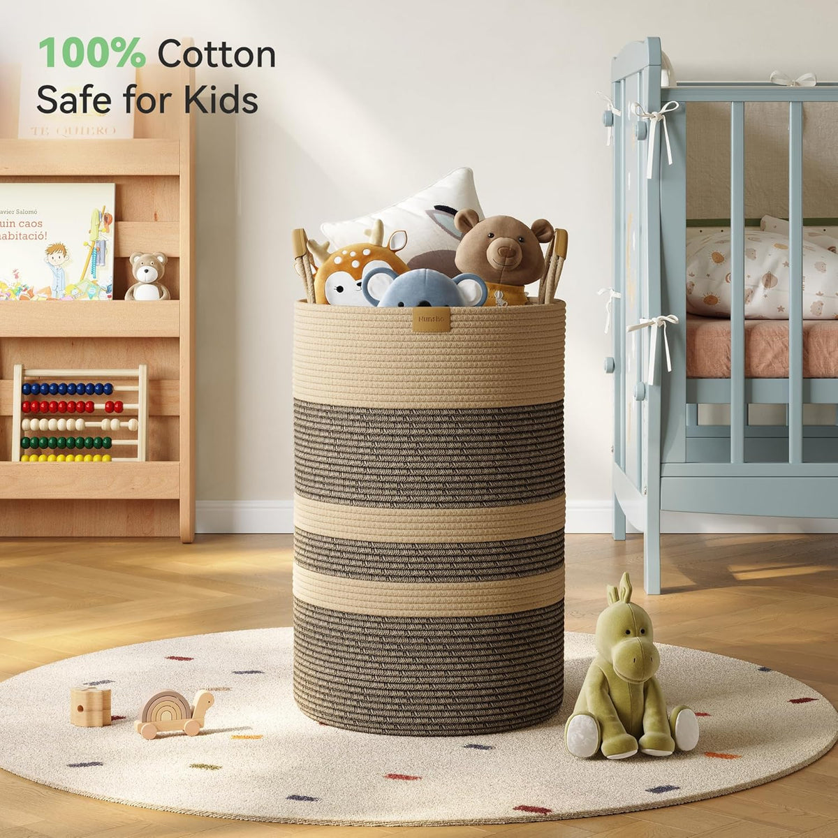 75L Striped Laundry Hamper with Leather Handles,Large Foldable Laundry Basket for Clothes,Cotton