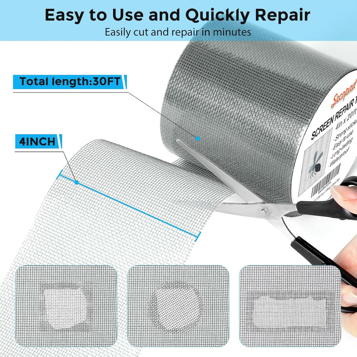 Grey Window Screen Repair Tape, 4IN X 20FT (240IN) Screen Repair Kit for Windows or Doors, Strong